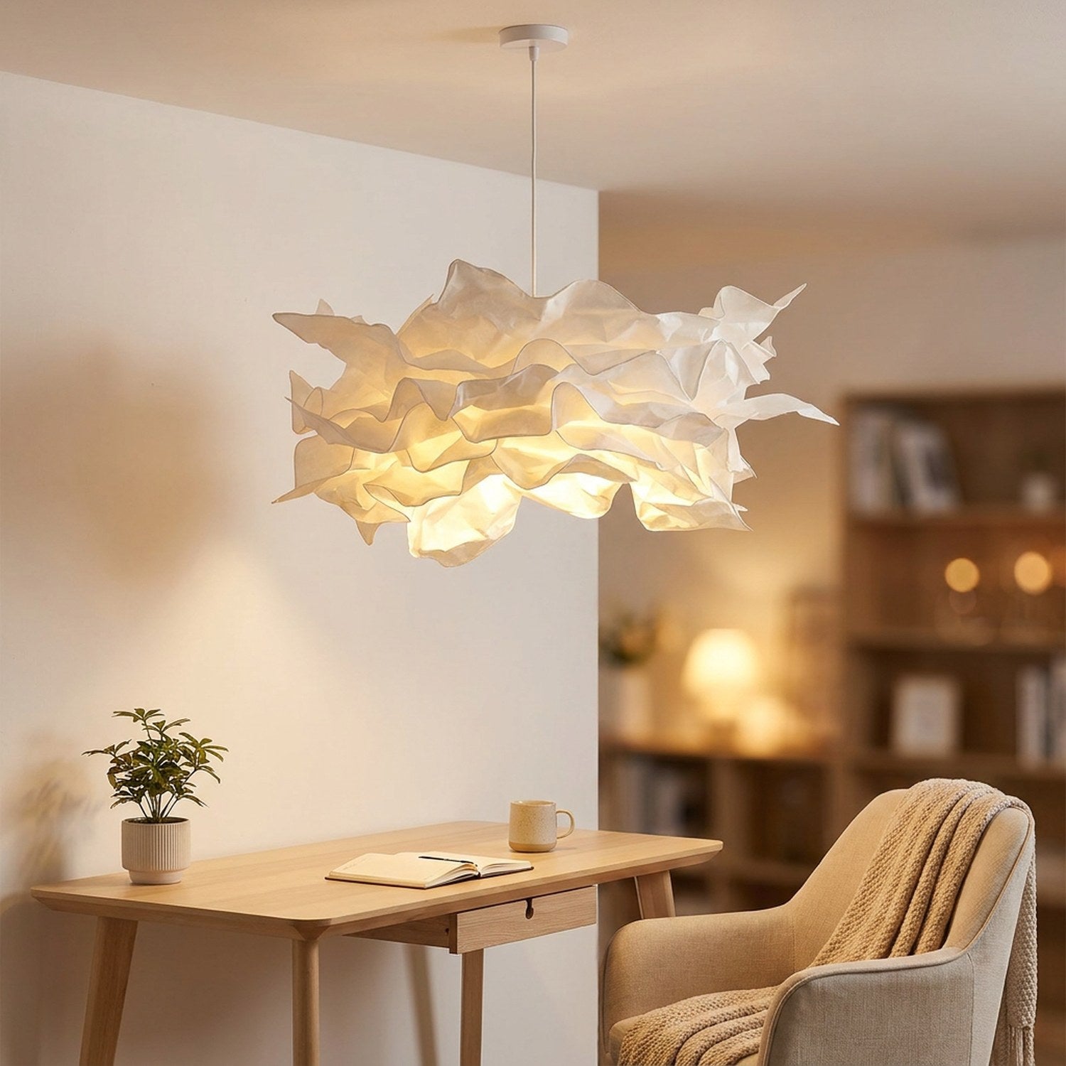 Lustre nuage papier DIY blanc allumé dans un coin bureau cosy avec plantes et bois naturel