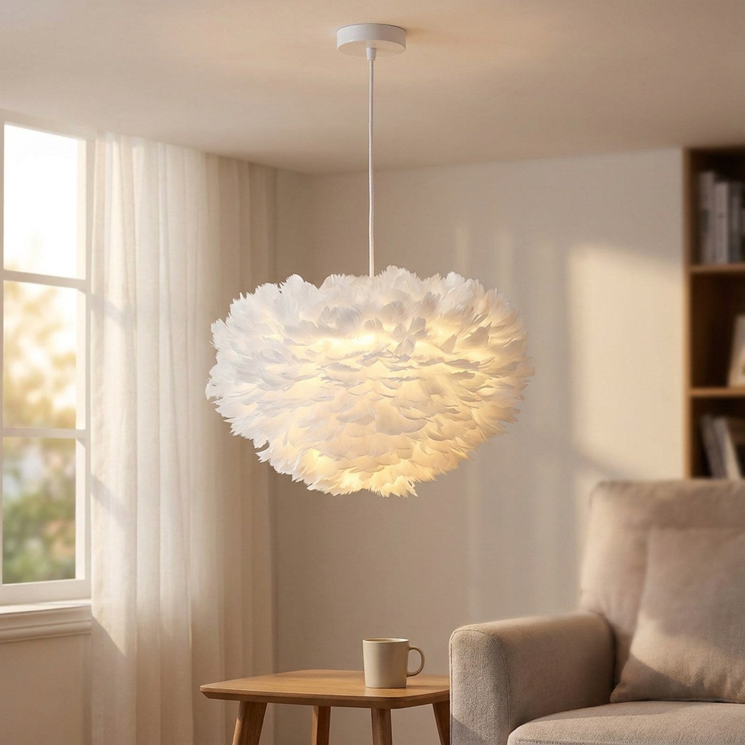 Lustre en plumes blanches suspendu dans un coin salon près d'une fenêtre