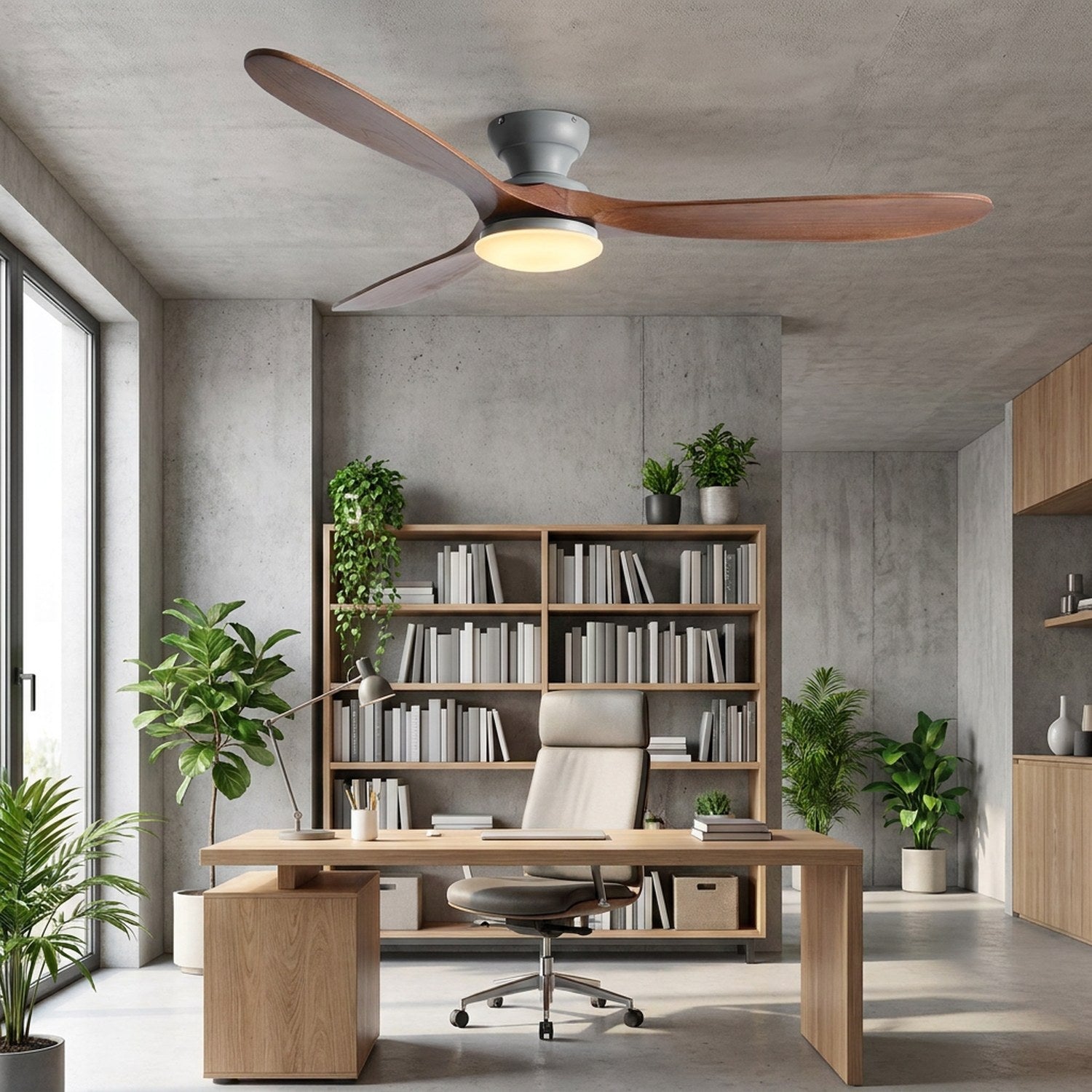 Lustre ventilateur plafond finition gris bois dans un bureau ou atelier moderne