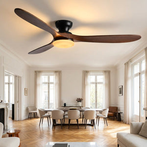 Lustre ventilateur de plafond en bois finition noyer noir avec LED allumée dans un salon moderne