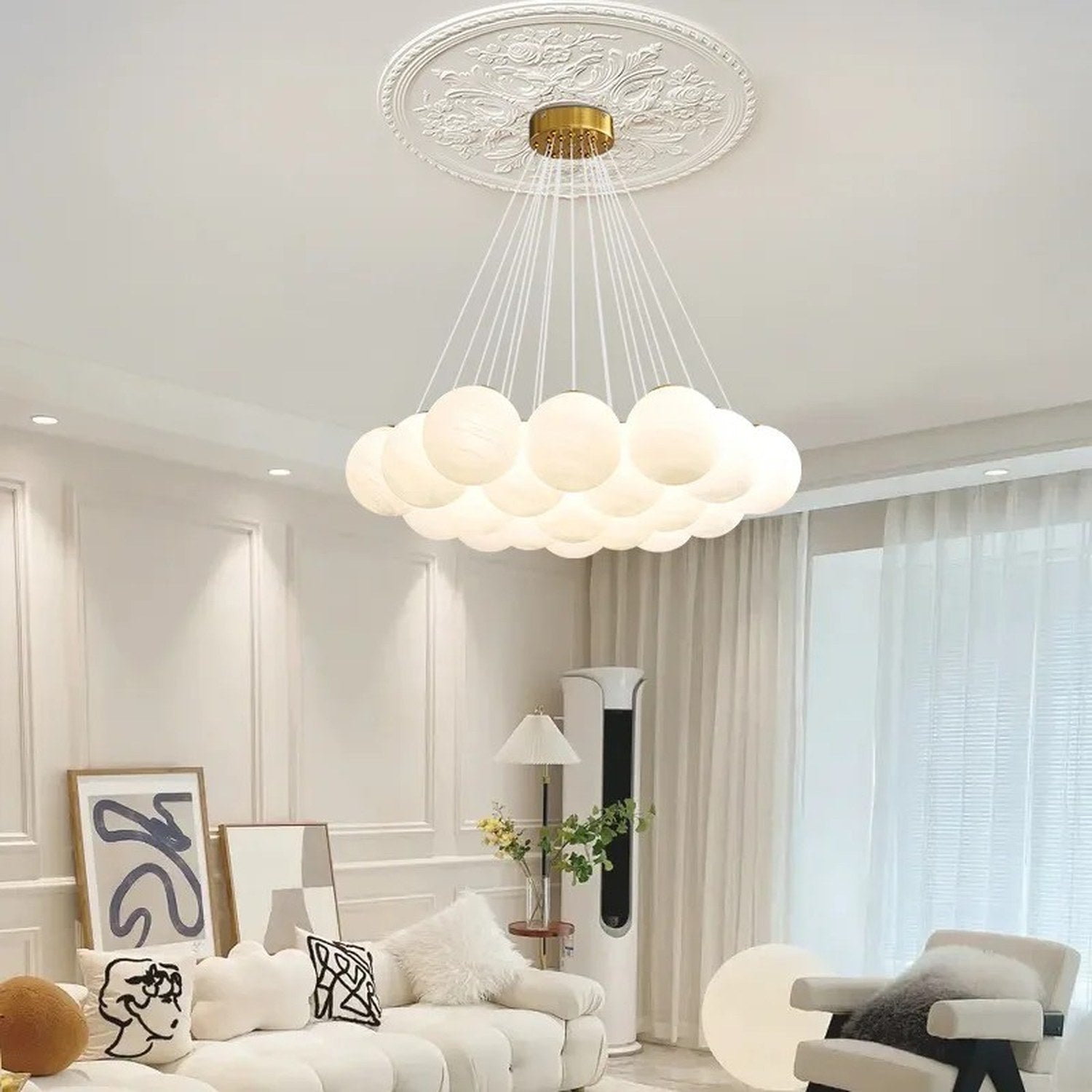 Lustre boule de verre blanc laiteux globes LED style nordique photo 6