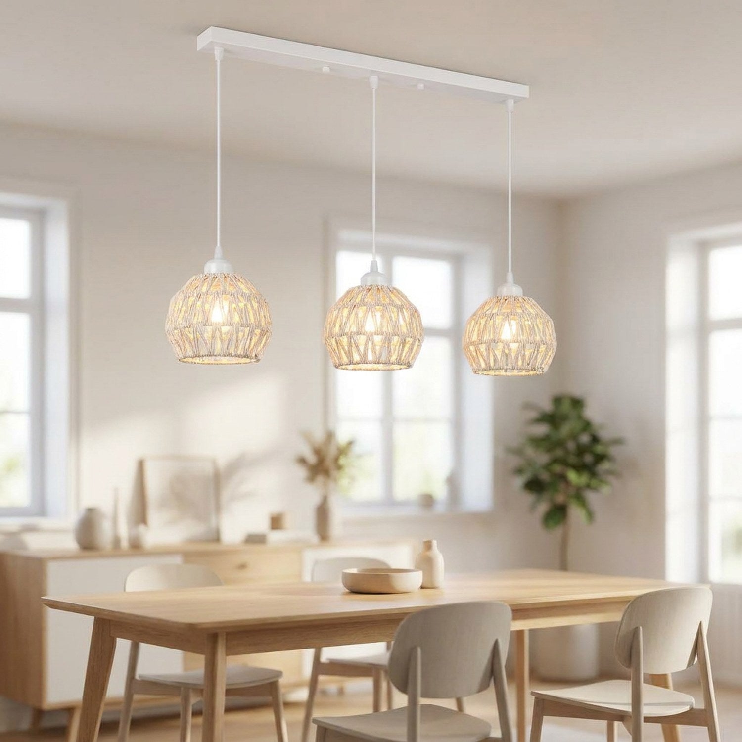 Lustre linéaire trois lampes en corde de chanvre blanc écru au-dessus d'une table claire