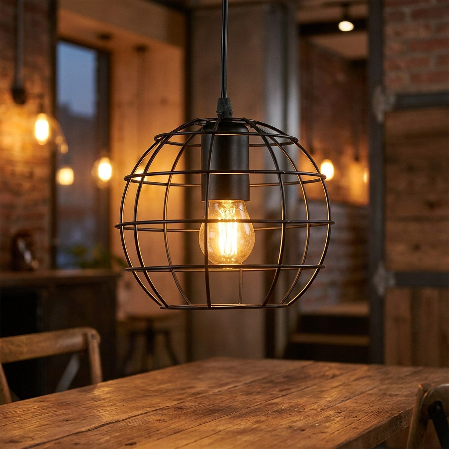 Suspension industrielle cage boule en métal noir avec ampoule Edison