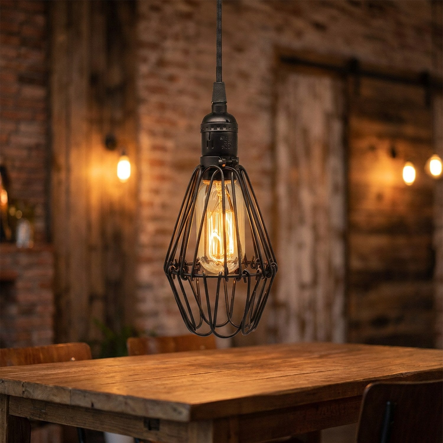 Suspension industrielle cage goutte en métal noir avec ampoule Edison