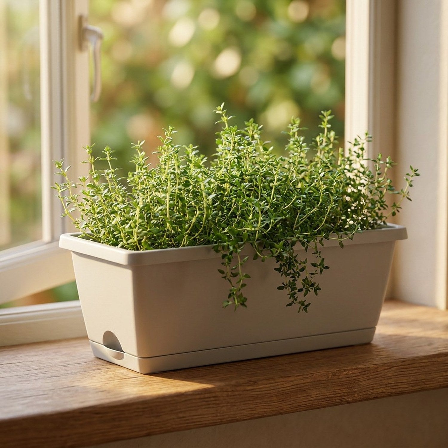 Jardinière rectangulaire gris clair avec herbes aromatiques sur rebord de fenêtre en bois