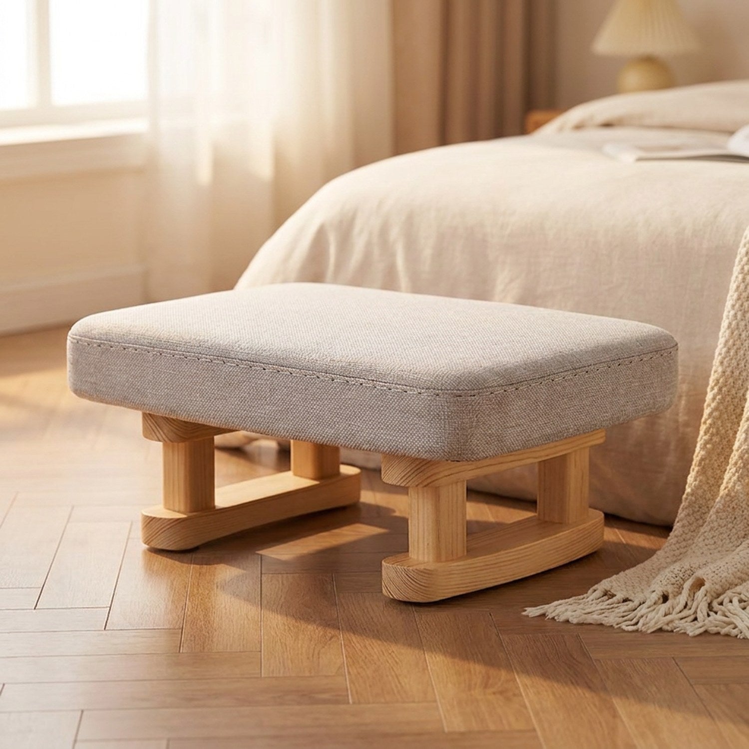 Tabouret rembourré gris en bois posé au pied d'un lit dans une chambre chaleureuse
