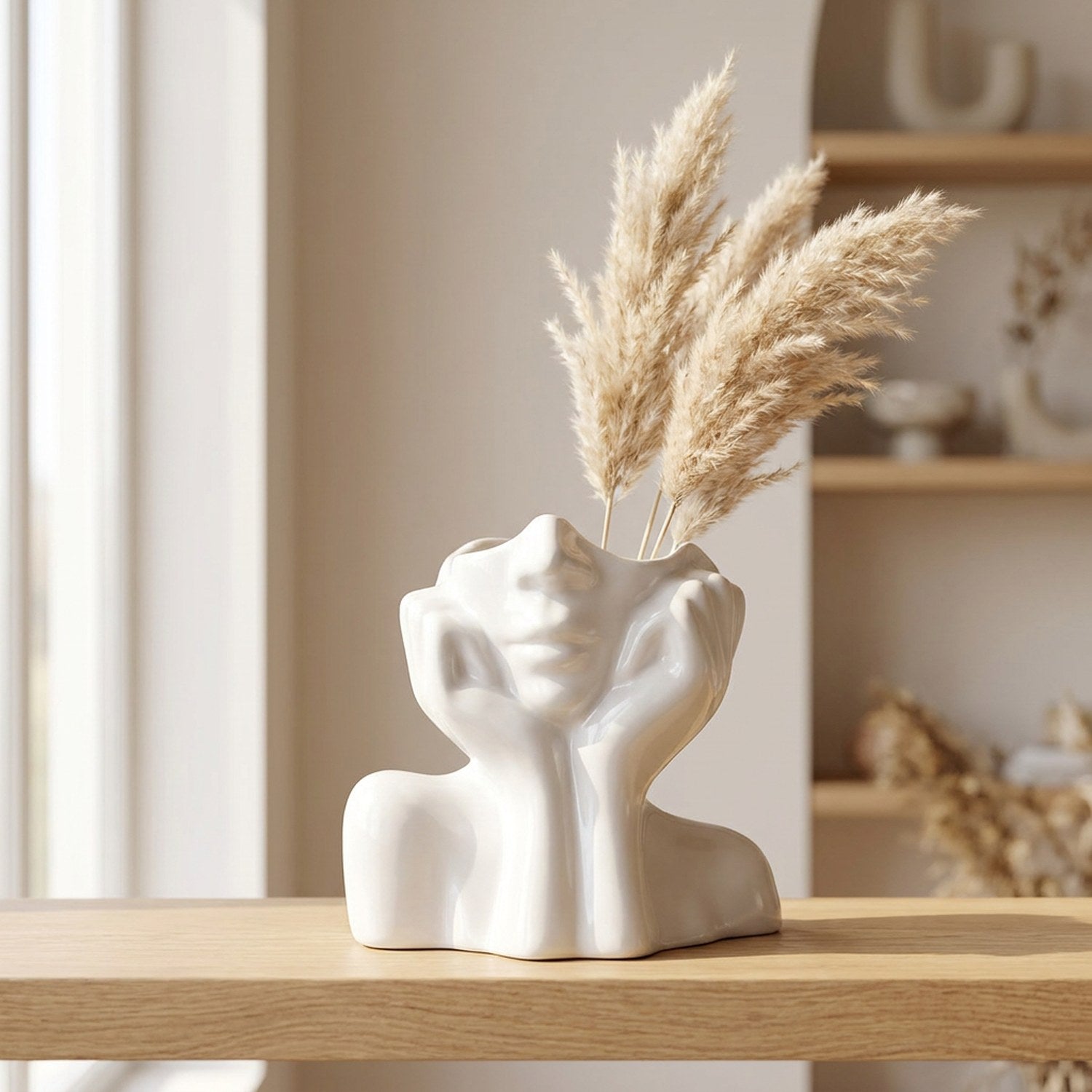 Vase céramique visage abstrait blanc avec branches séchées et pampas sur une étagère bois