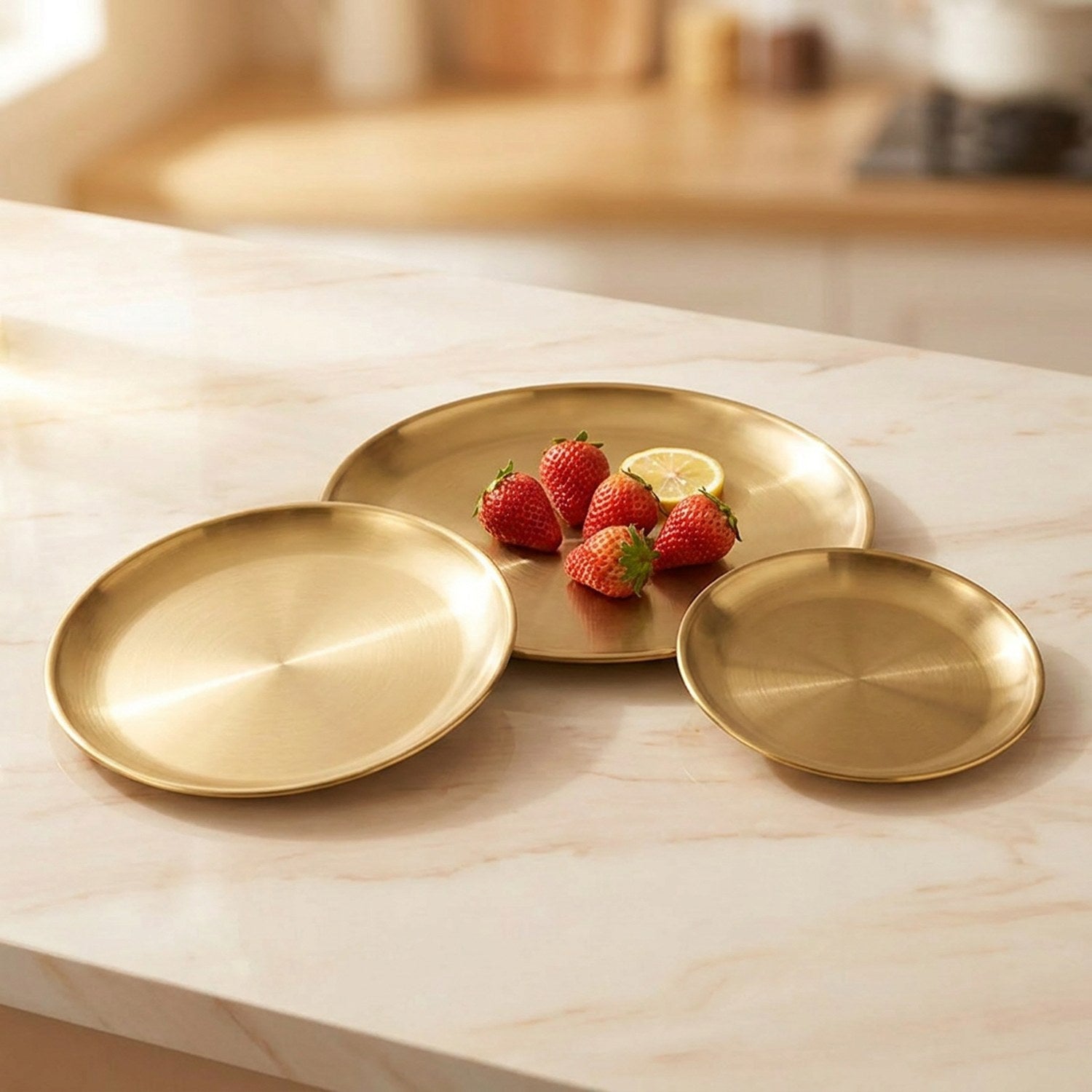 Plateaux de service ronds en métal finition miroir – lot de 3 pièces