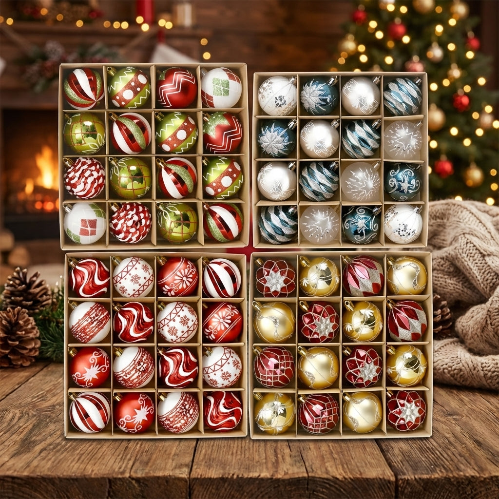 Ensemble de seize boules de Noël colorées avec motifs festifs variés disposées pour décoration sapin