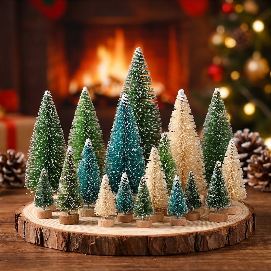 Collection de mini sapins de Noël artificiels en sisal colorés disposés sur surface claire