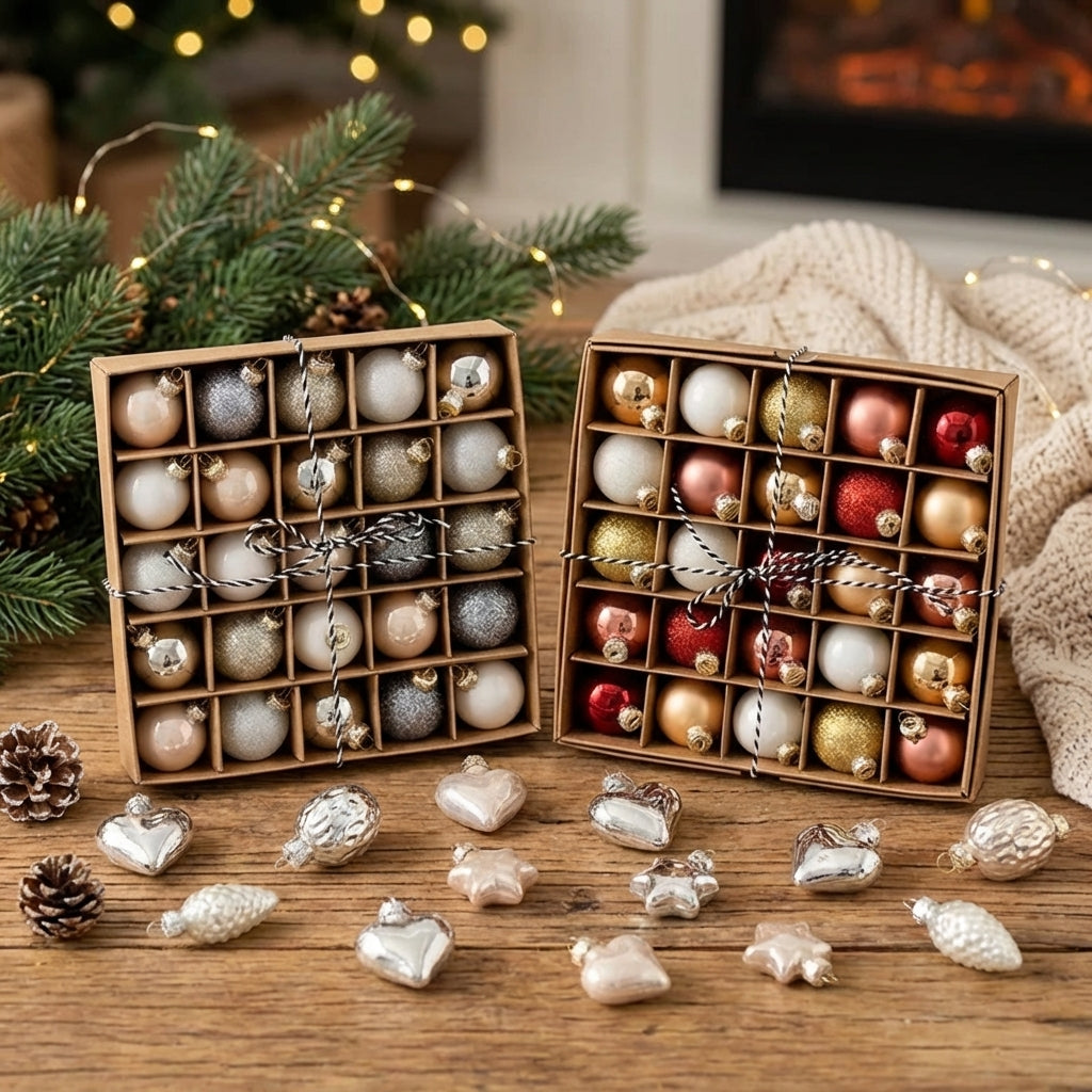 Assortiment de boules de Noël en verre et plastique avec finitions brillantes et mates de 4cm de diamètre