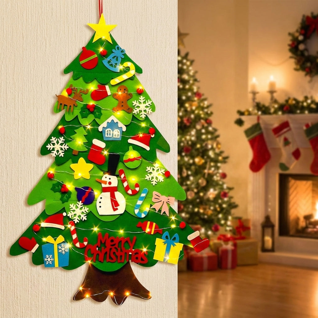 Arbre de Noël en feutre avec ornements colorés dans un salon chaleureux