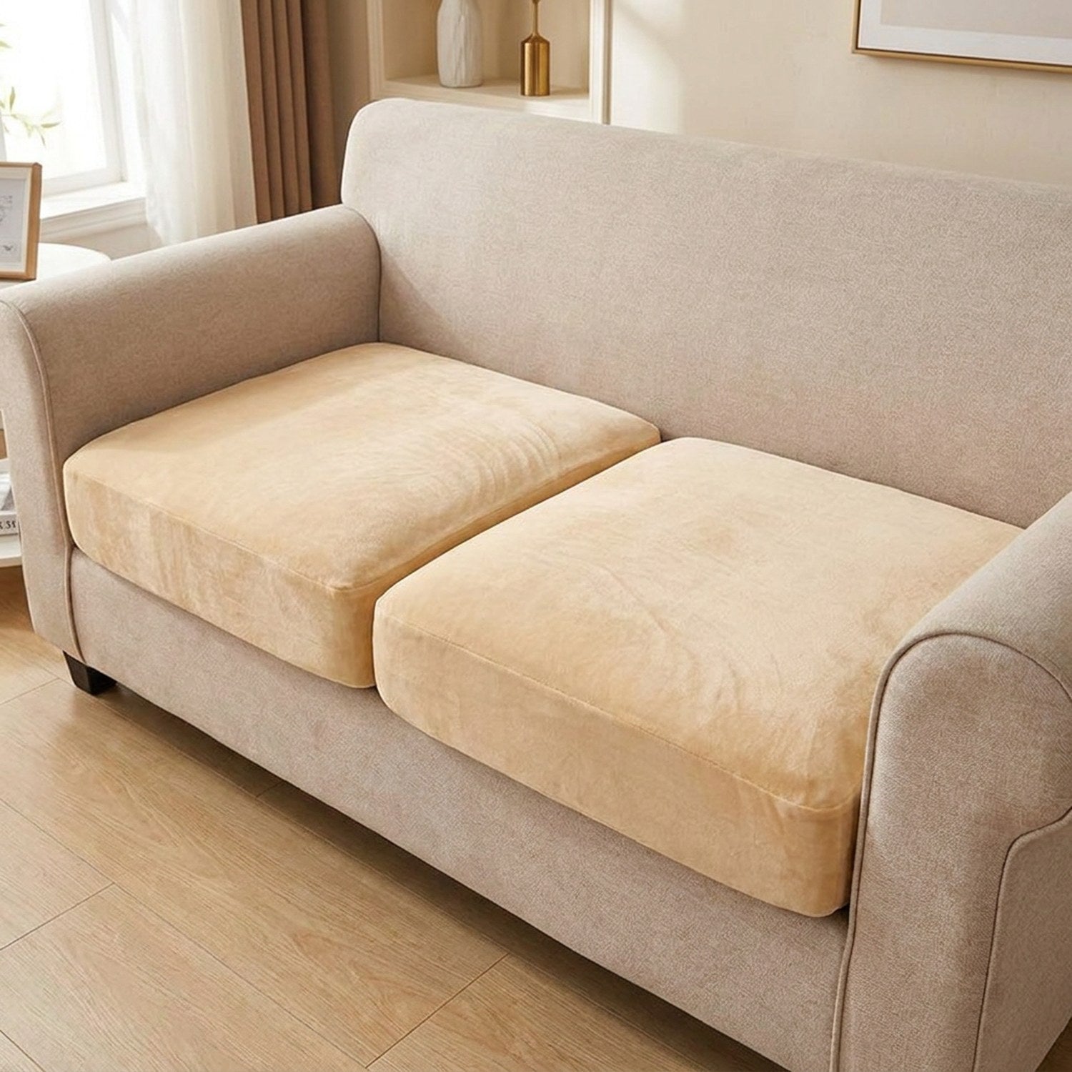 Housse de canapé en velours beige fitted sur des coussins d'assise dans un salon lumineux