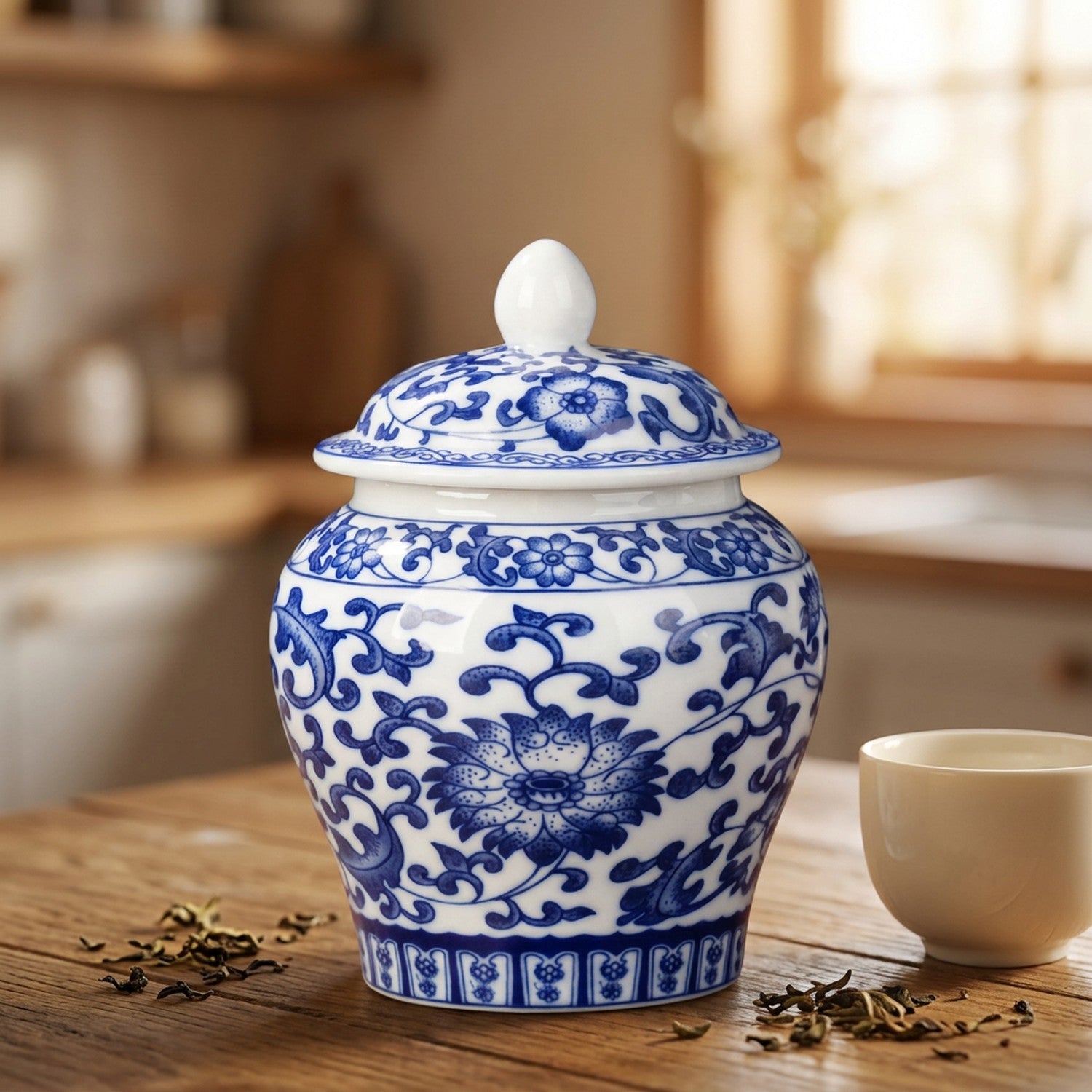Pot à thé en porcelaine bleue et blanche avec motifs floraux chinois posé sur bois