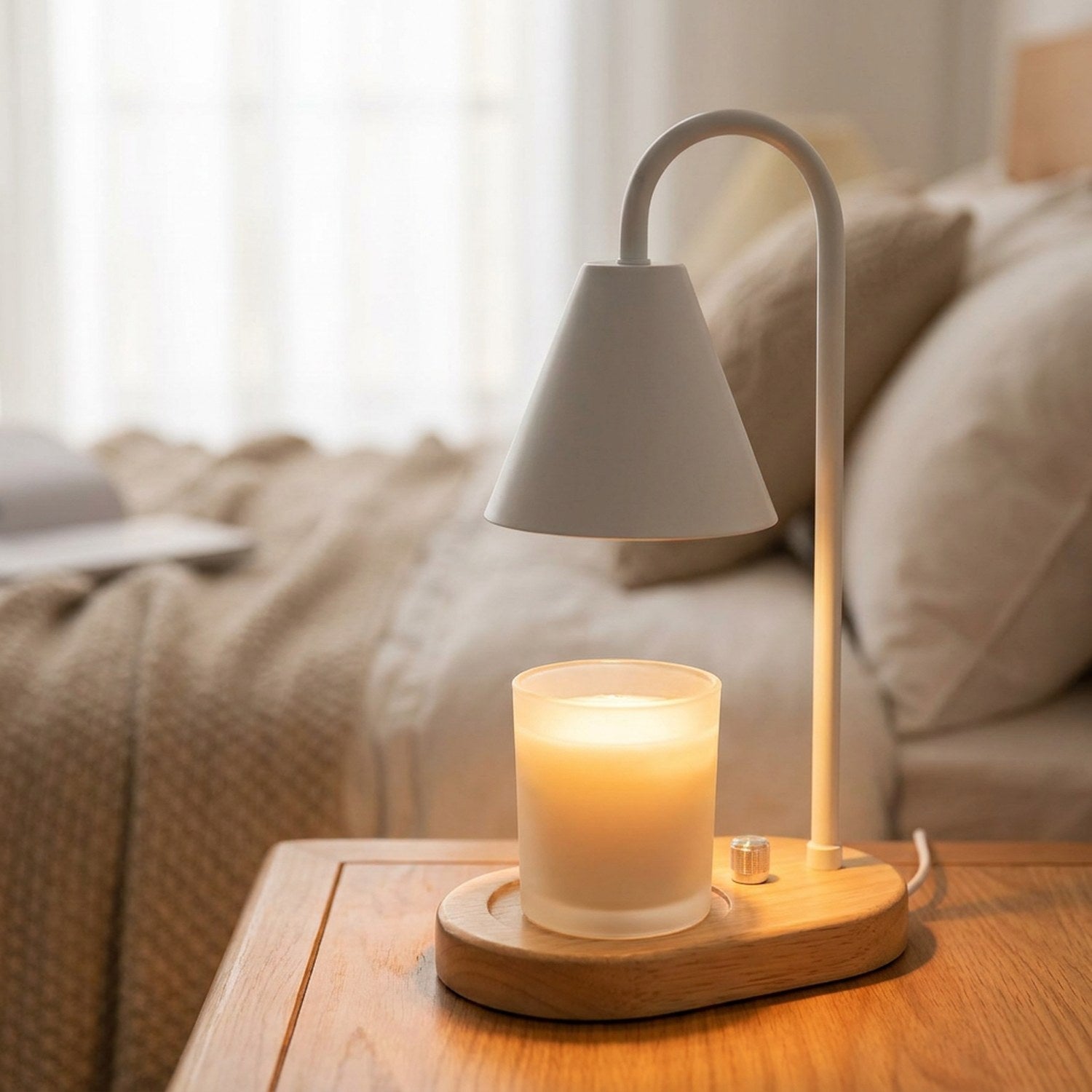 Chauffe-bougie électrique blanc allumé au-dessus d'un pot de cire sur une table de chevet en bois