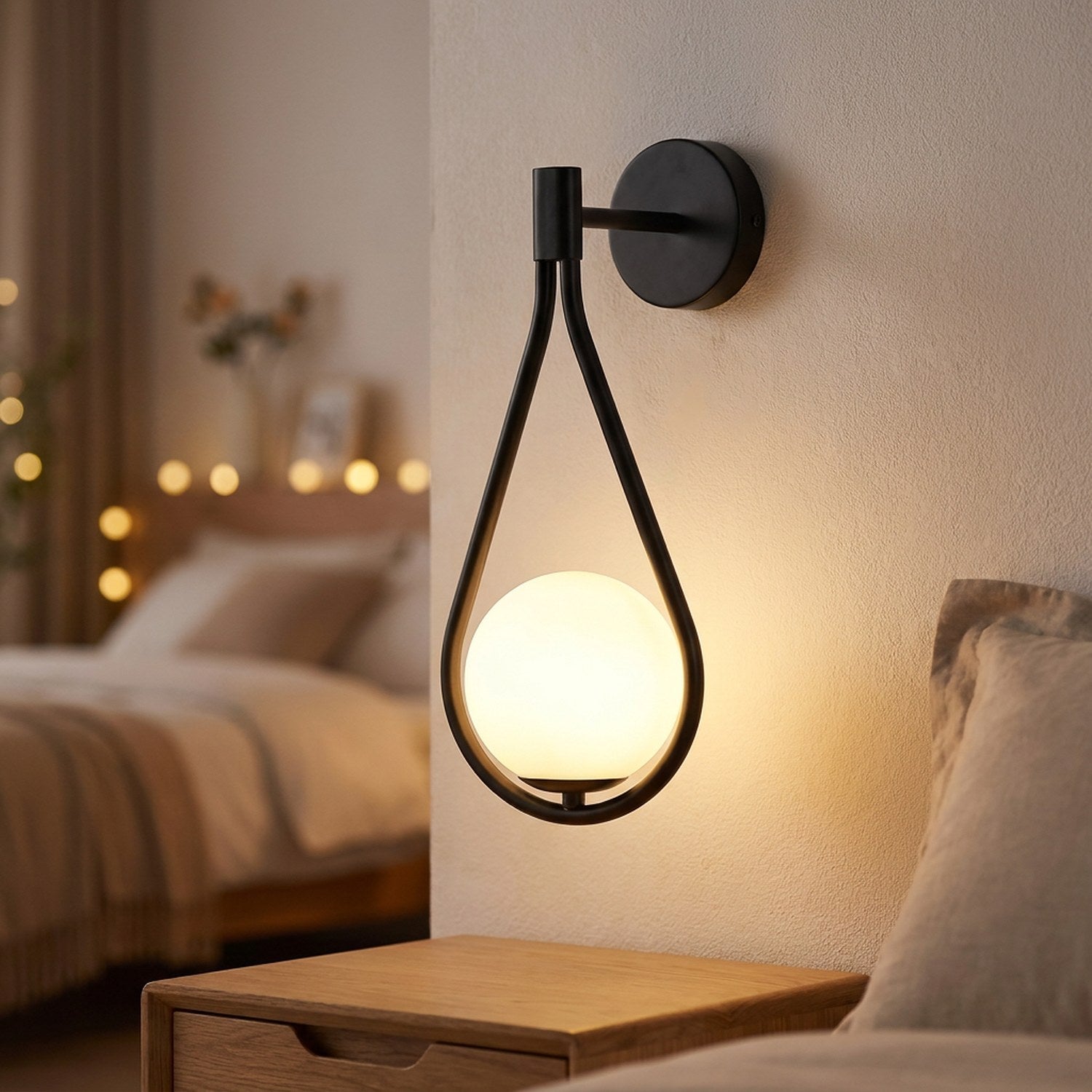 Applique murale boule de verre noire au design nordique diffusant une lumière chaude dans une chambre