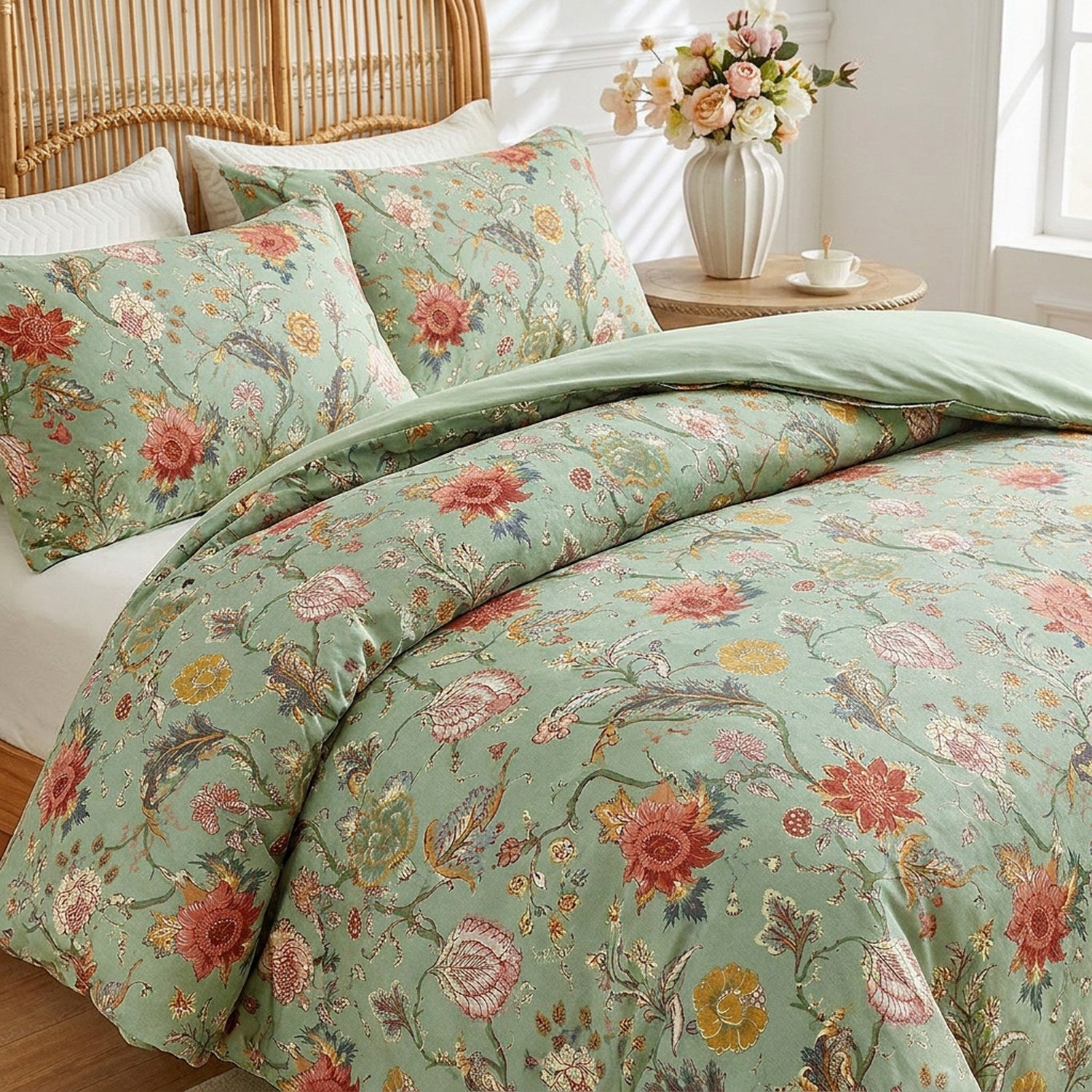 Parure de lit avec housse de couette imprime fleuri vintage sur un lit fait dans une chambre lumineuse
