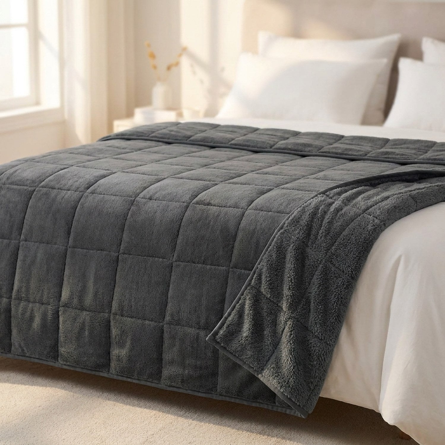 Couverture lestée grise drapée sur un lit avec oreillers blancs dans une chambre chaleureuse et lumineuse