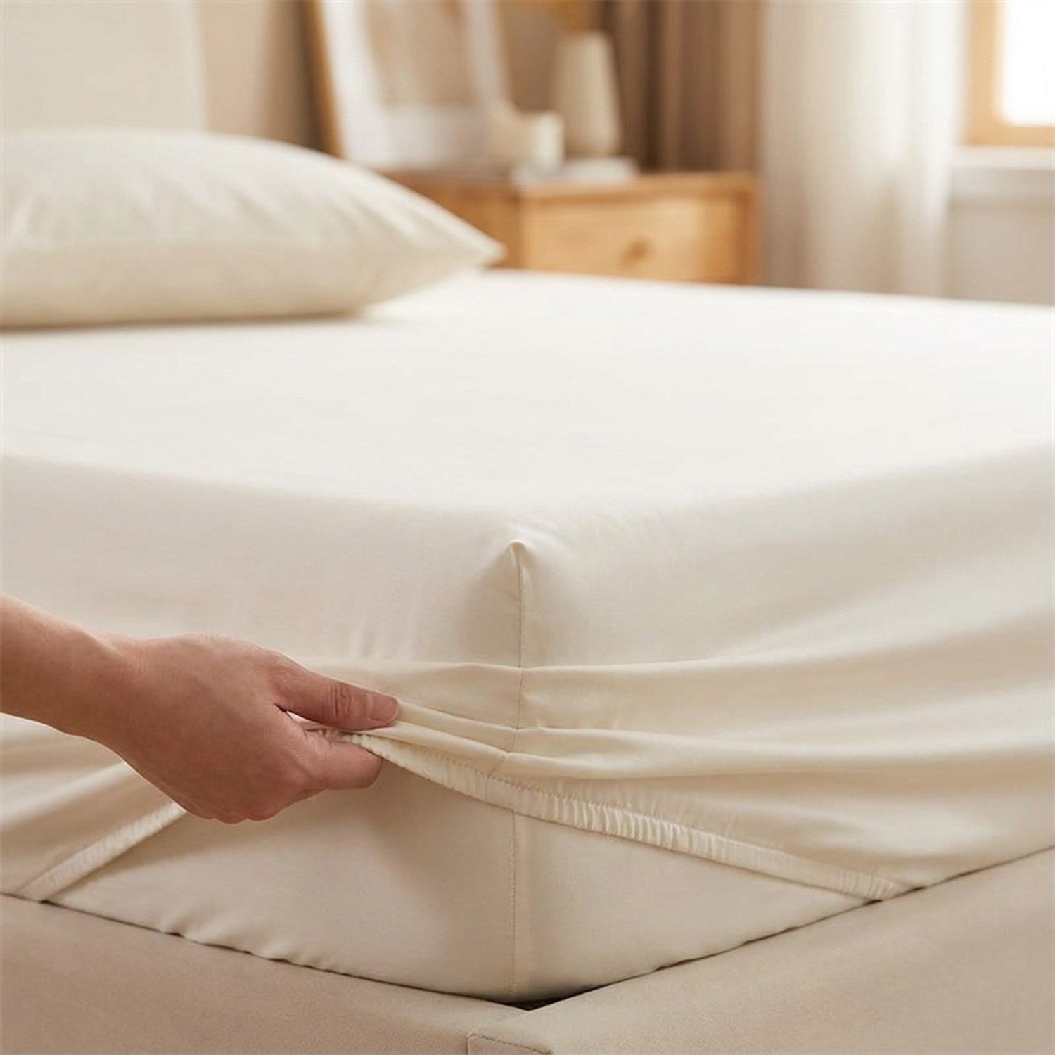Drap-housse blanc en coton égyptien tendu sur le coin d'un lit dans une chambre chaleureuse