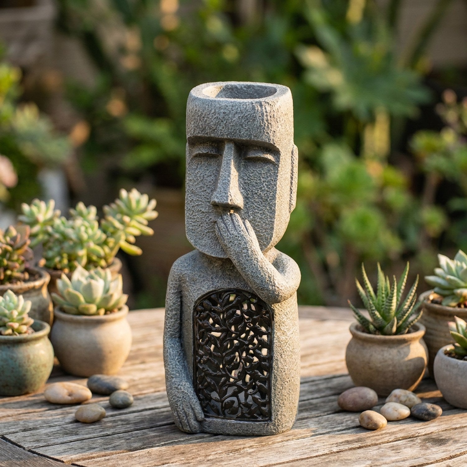 Statue Moai île de Pâques en résine grise posée sur une table en bois dans un jardin avec succulentes