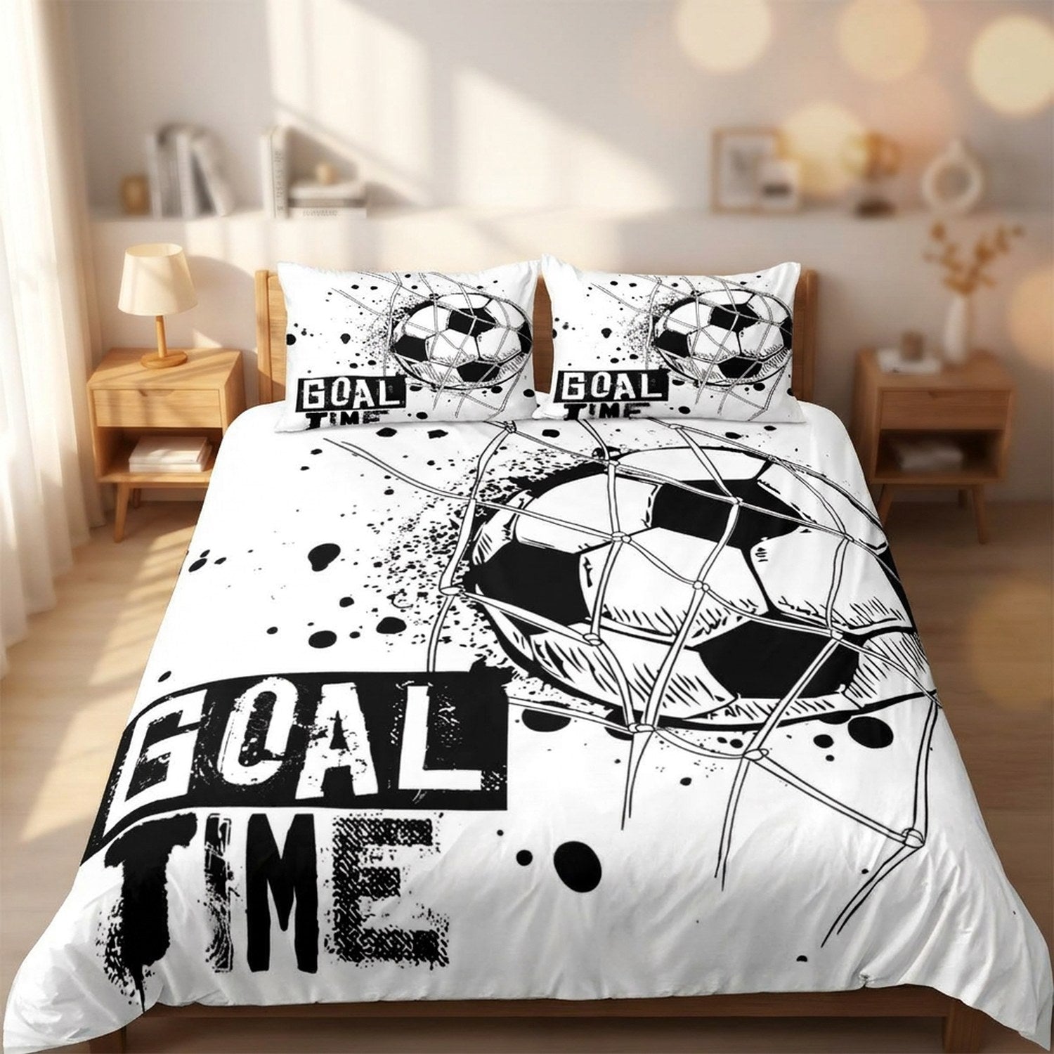 Housse de couette de football noir et blanc avec taies assorties sur un lit d'enfant