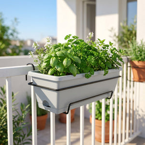 Jardinière de balcon suspendue grise sur rampe avec herbes aromatiques