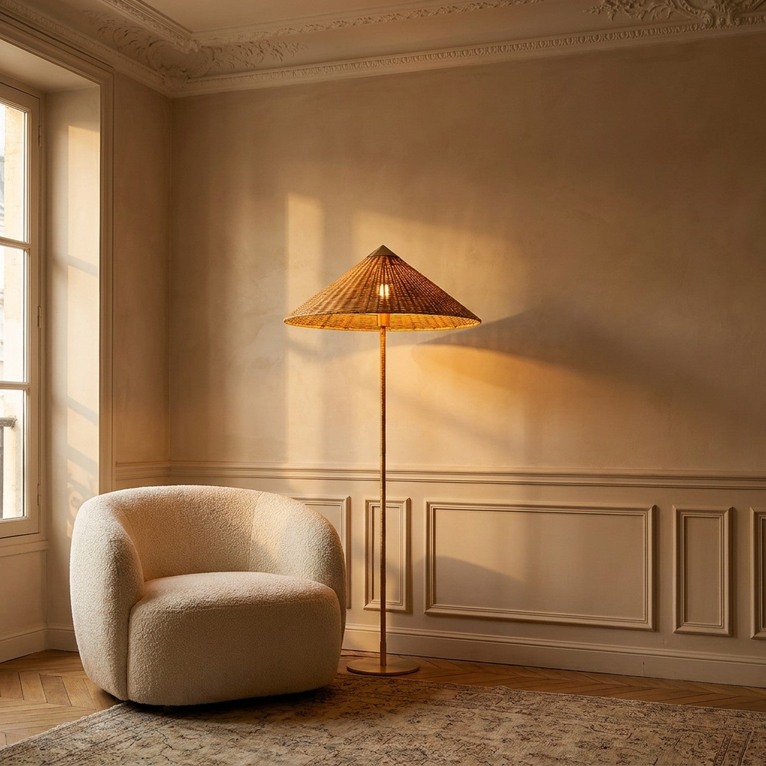 Lampadaire chapeau bambou tressé allumé lumière chaude salon style français