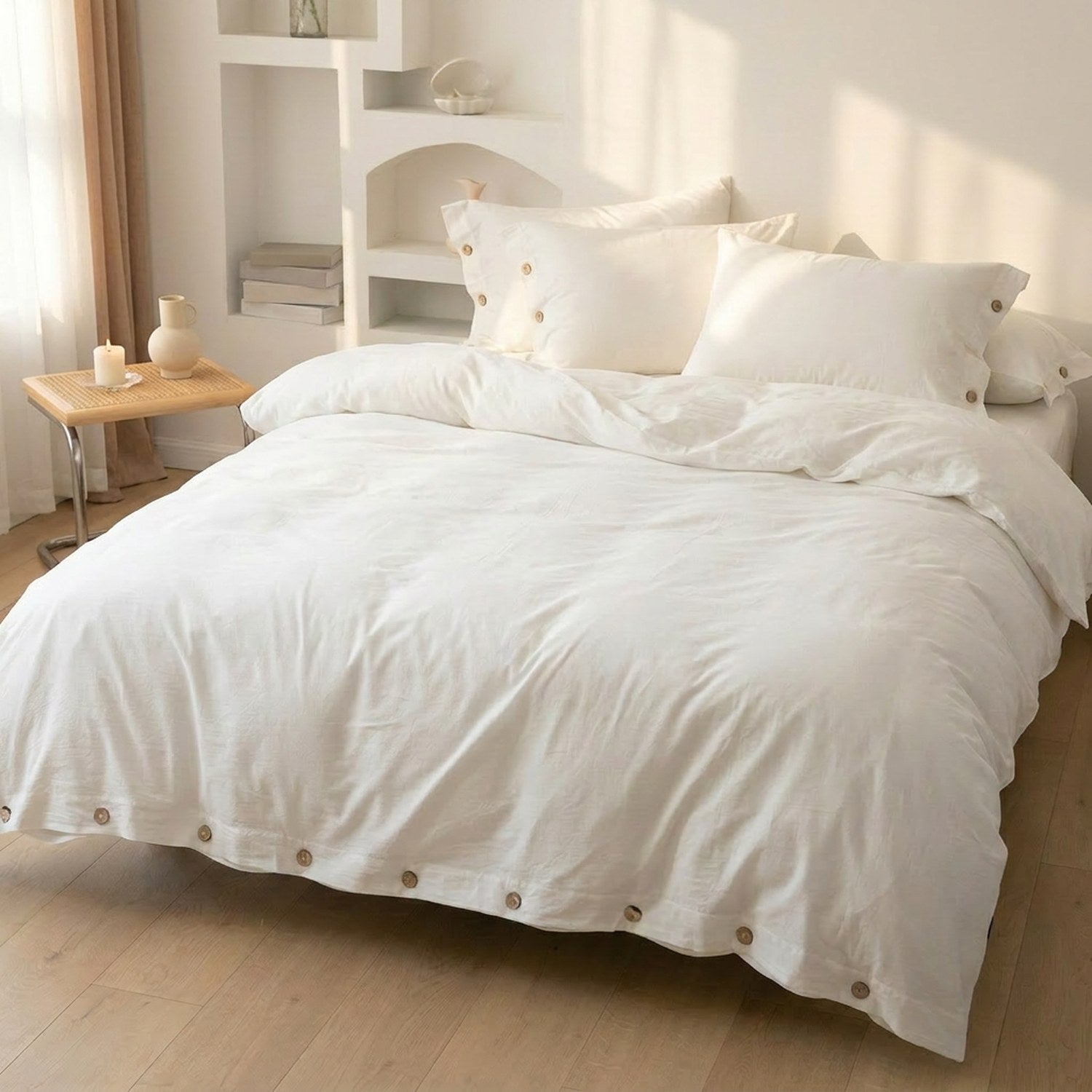 Housse de couette blanche en coton avec boutons en bois posée sur un lit