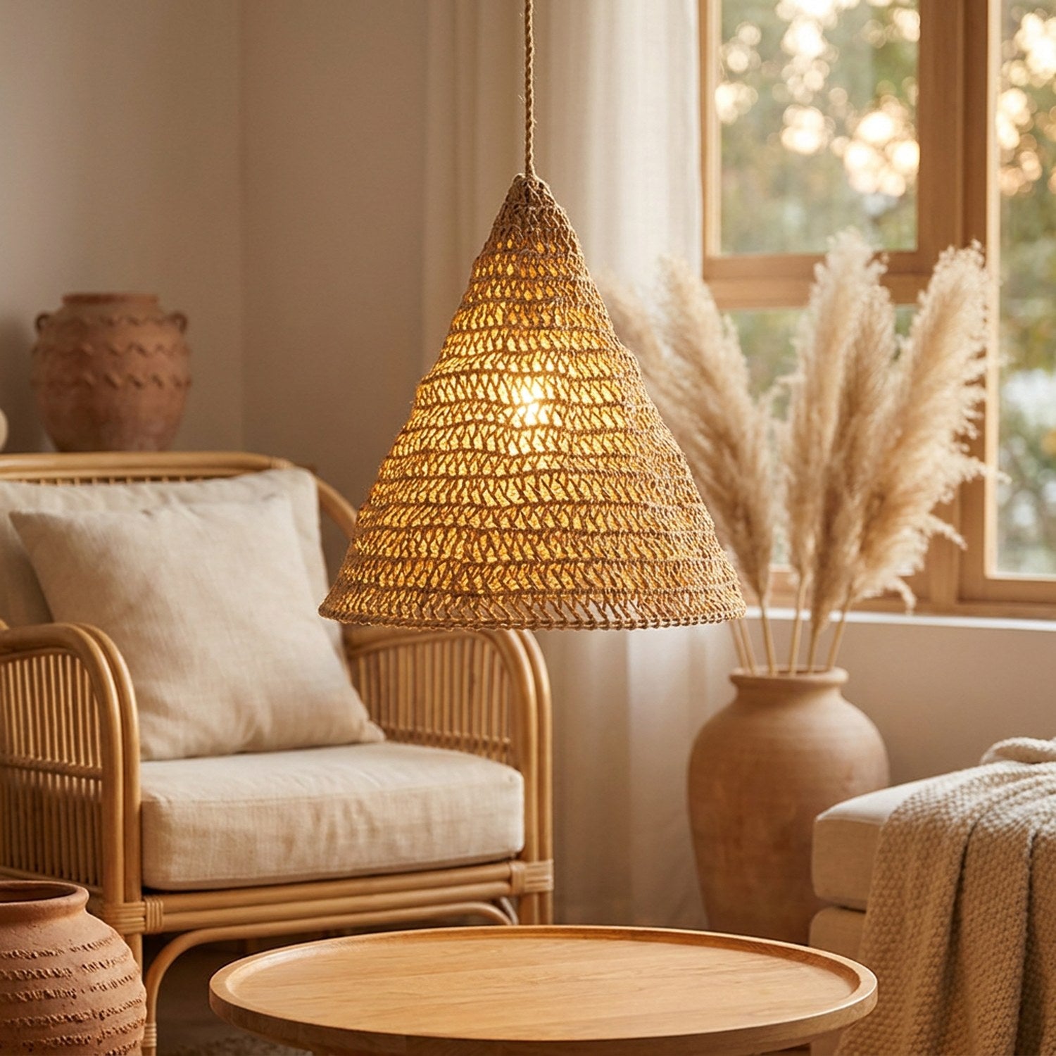 Abat-jour conique en jute naturel suspendu allumé dans un salon bohème avec lumière chaude