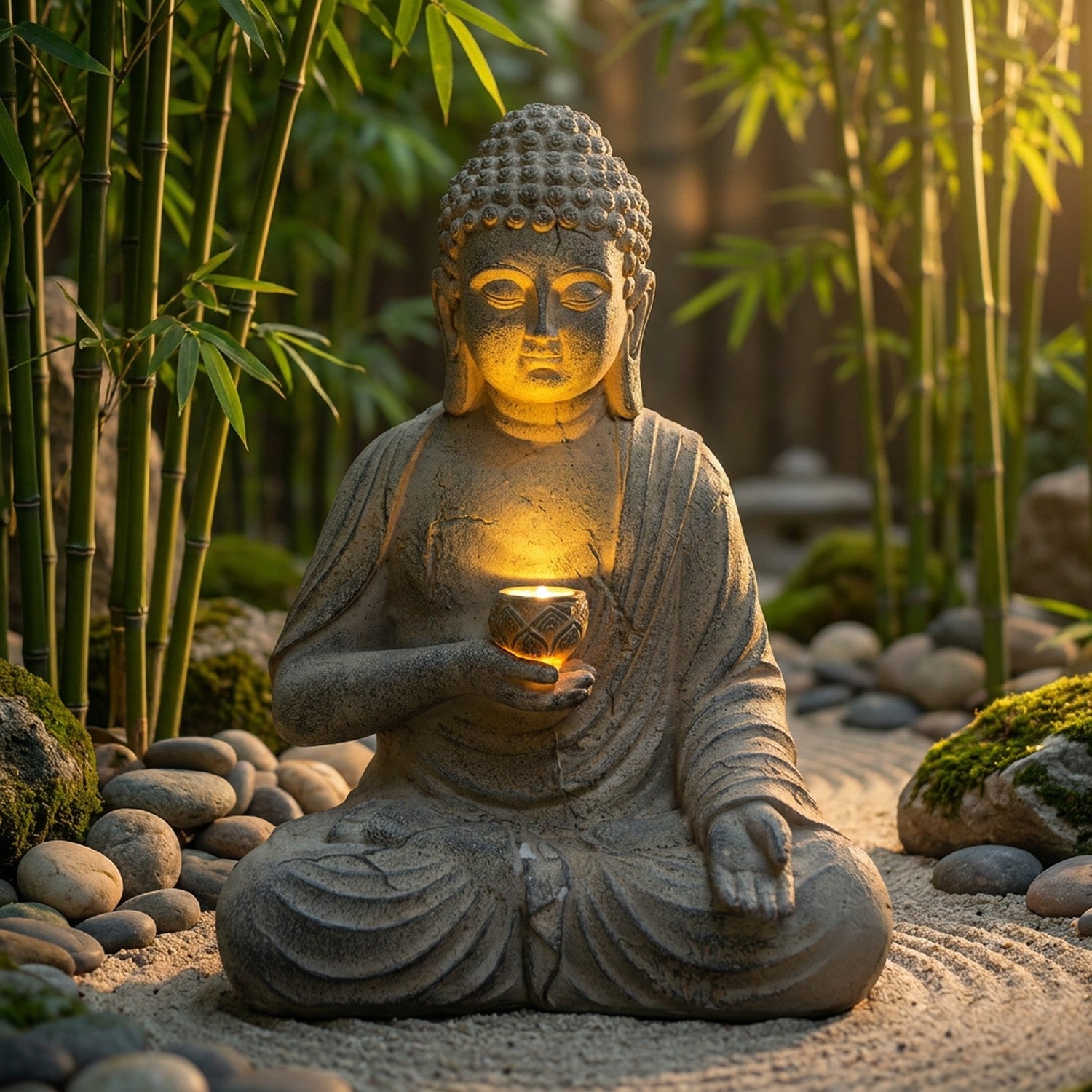 Statue Bouddha zen en résine avec lumière lotus solaire dans un jardin zen aux bambous dorés