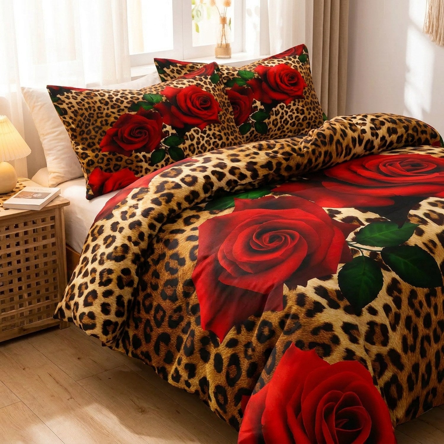 Parure de lit aux roses rouges sur imprimé léopard installée sur un lit dans une chambre chaleureuse
