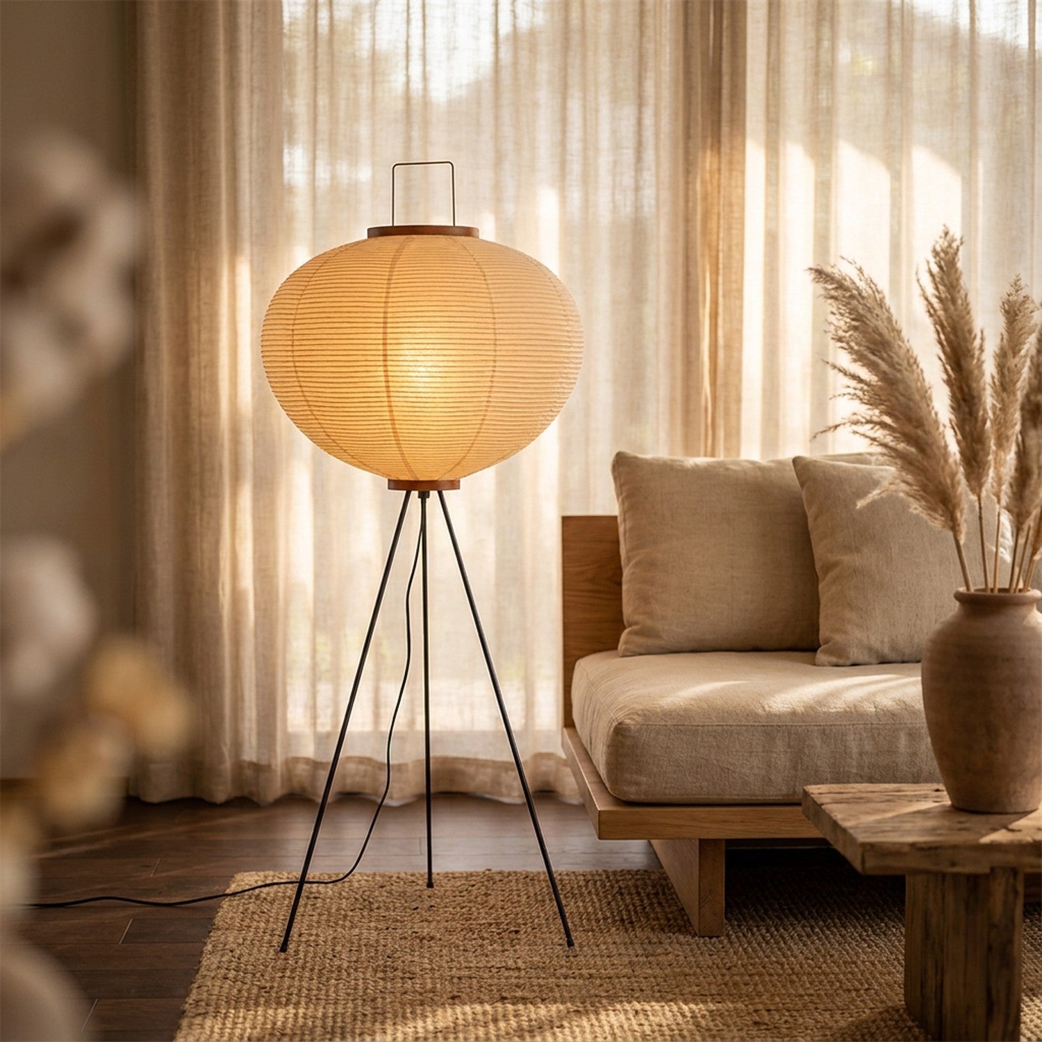 Lampe japonaise en papier de riz style Wabi-Sabi allumée dans un salon zen