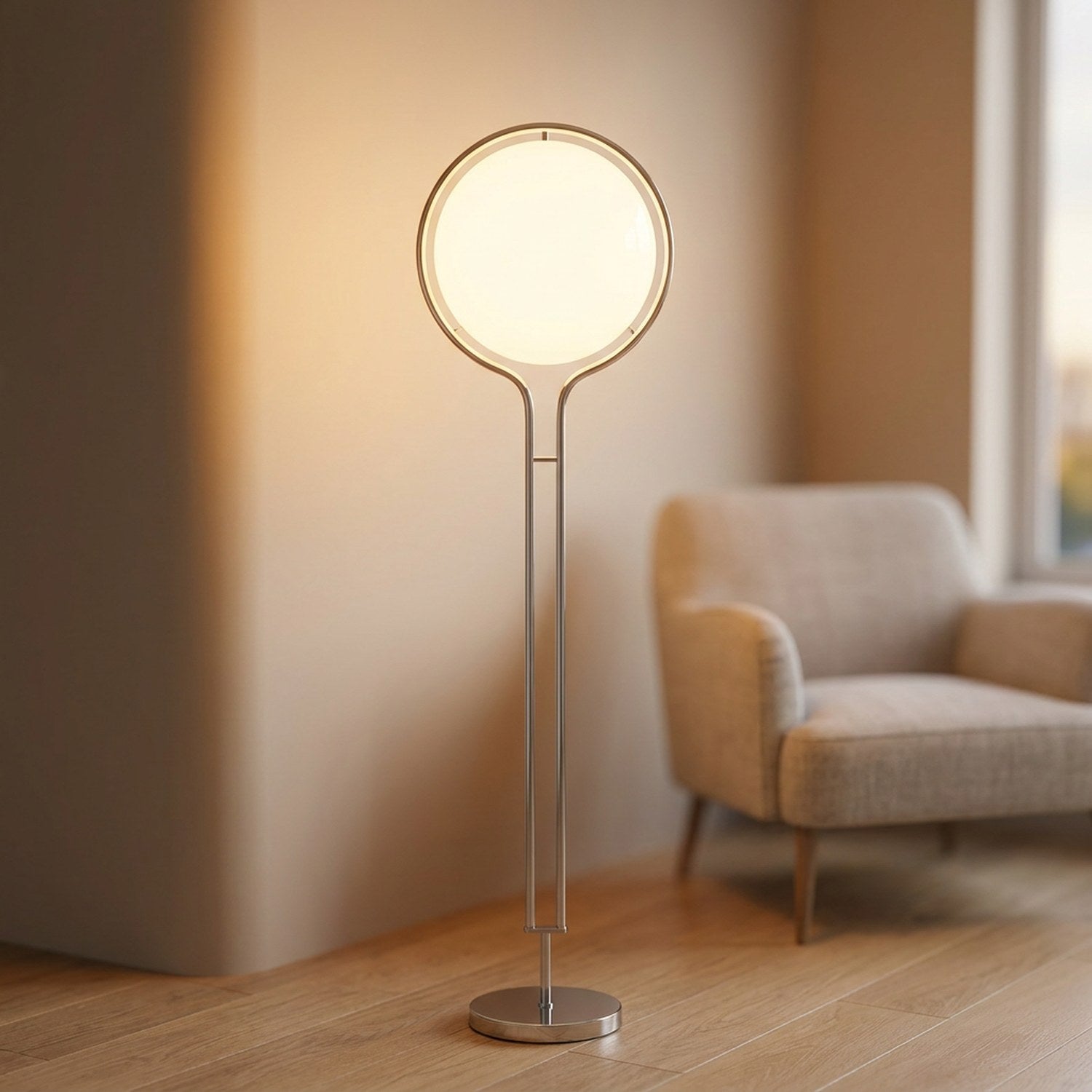 Lampadaire sur socle à boule acrylique blanche allumé dans un salon moderne chaleureux