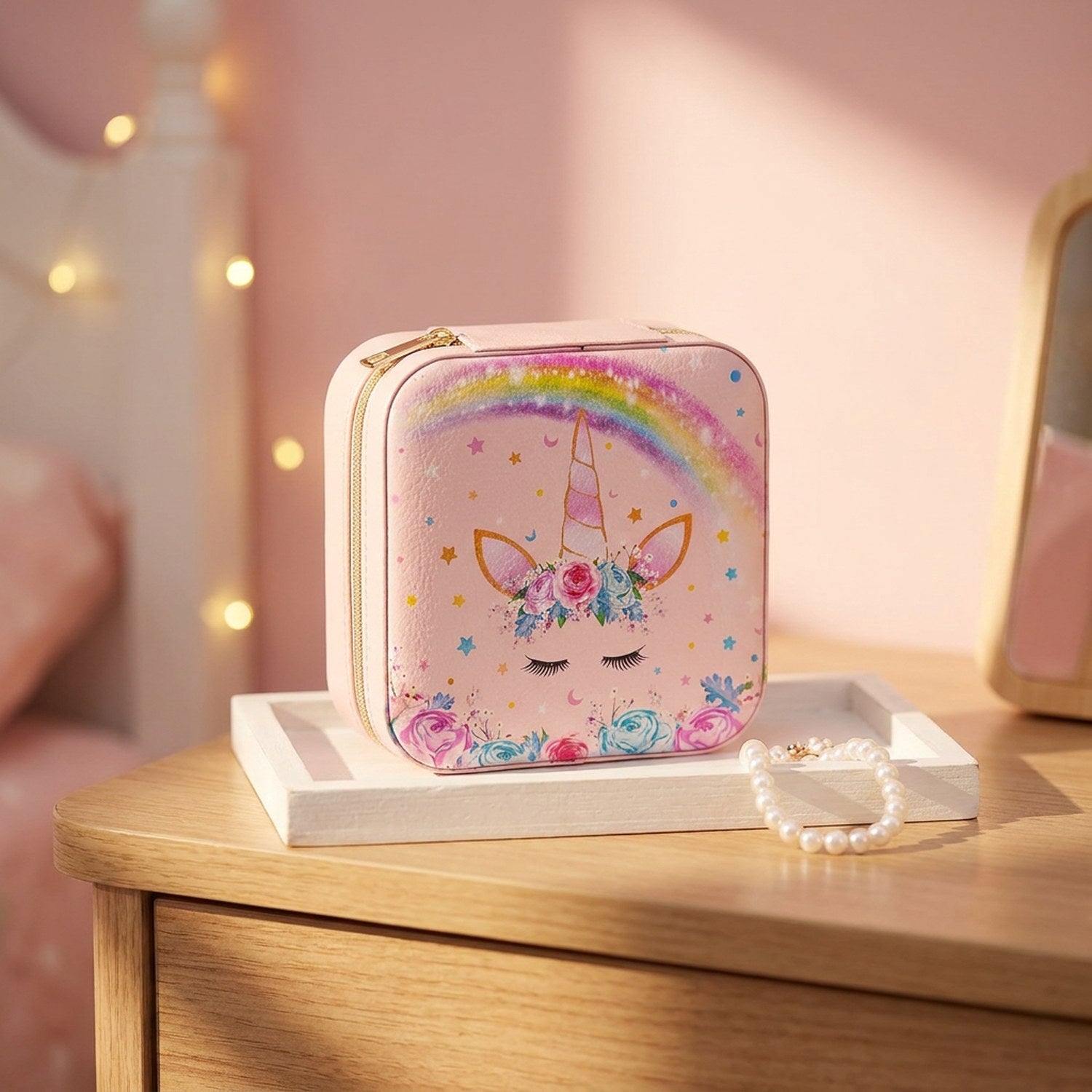 Boîte à bijoux licorne rose fermée avec design licorne arc-en-ciel sur une coiffeuse
