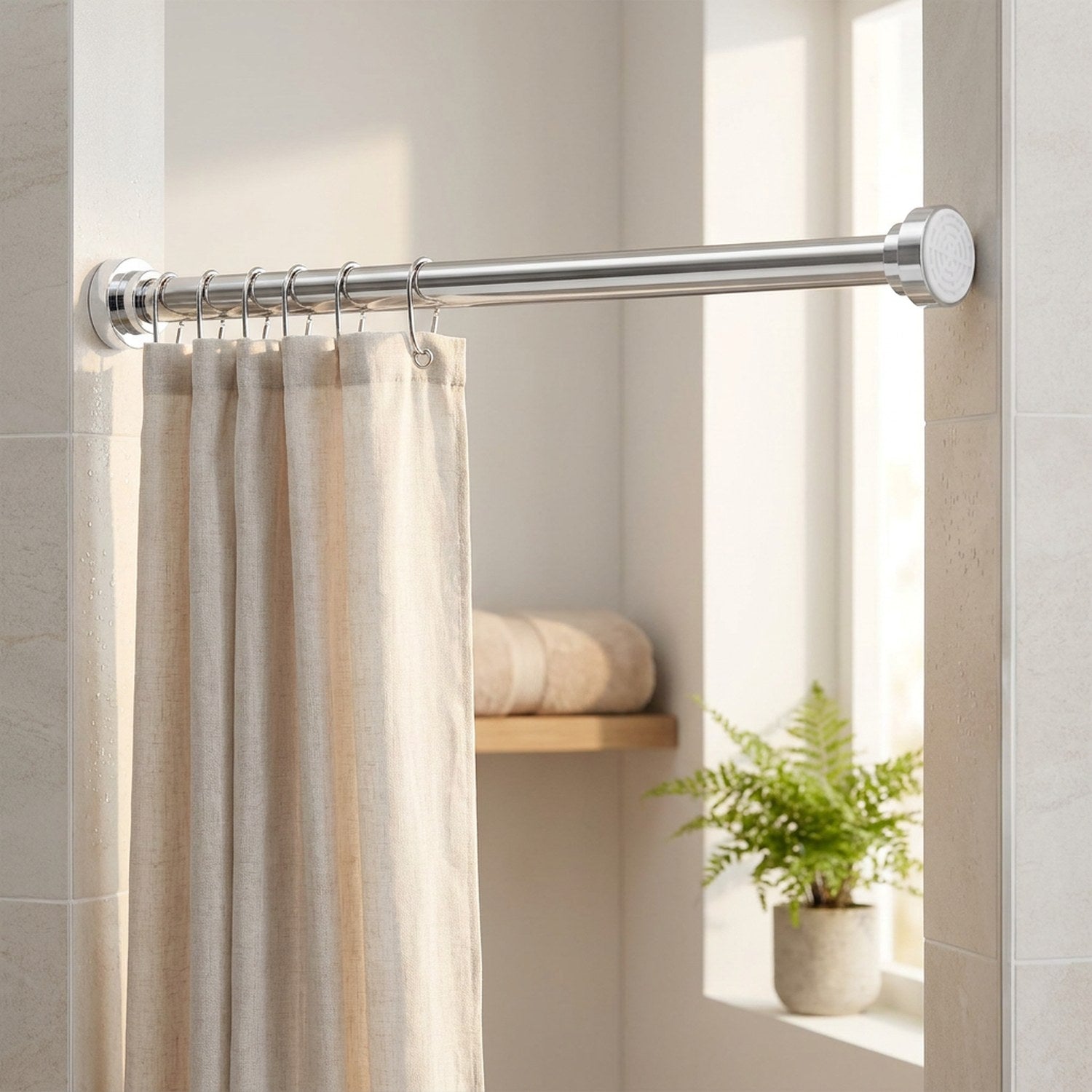 Barre de rideau télescopique chromée installée au-dessus d'une douche avec rideau beige