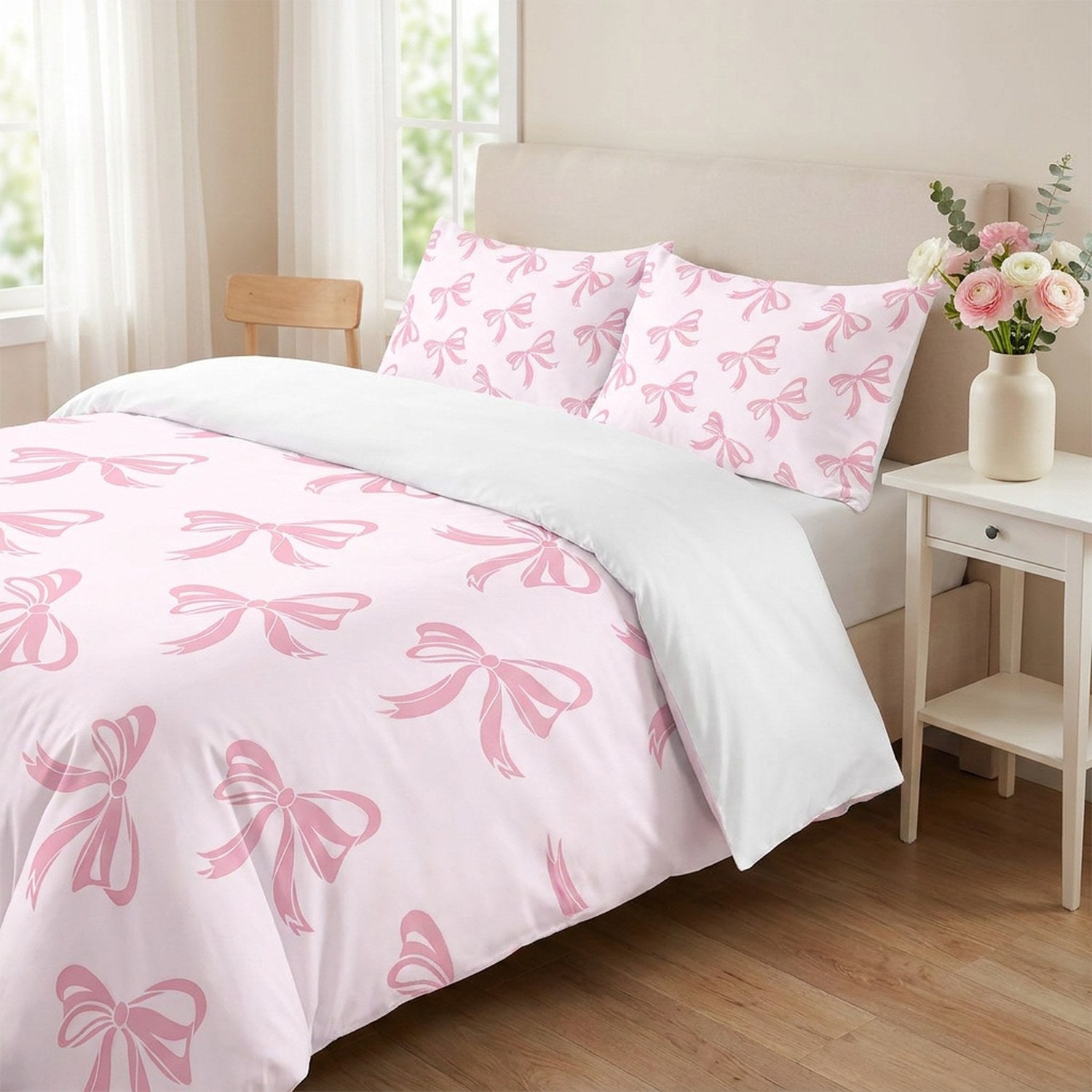 Parure de lit à nœuds roses installée sur un lit dans une chambre lumineuse et douce