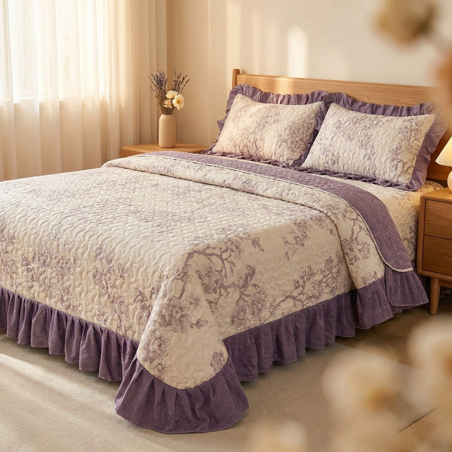 Couvre-lit matelassé à volants au motif floral violet installé sur un lit dans une chambre lumineuse
