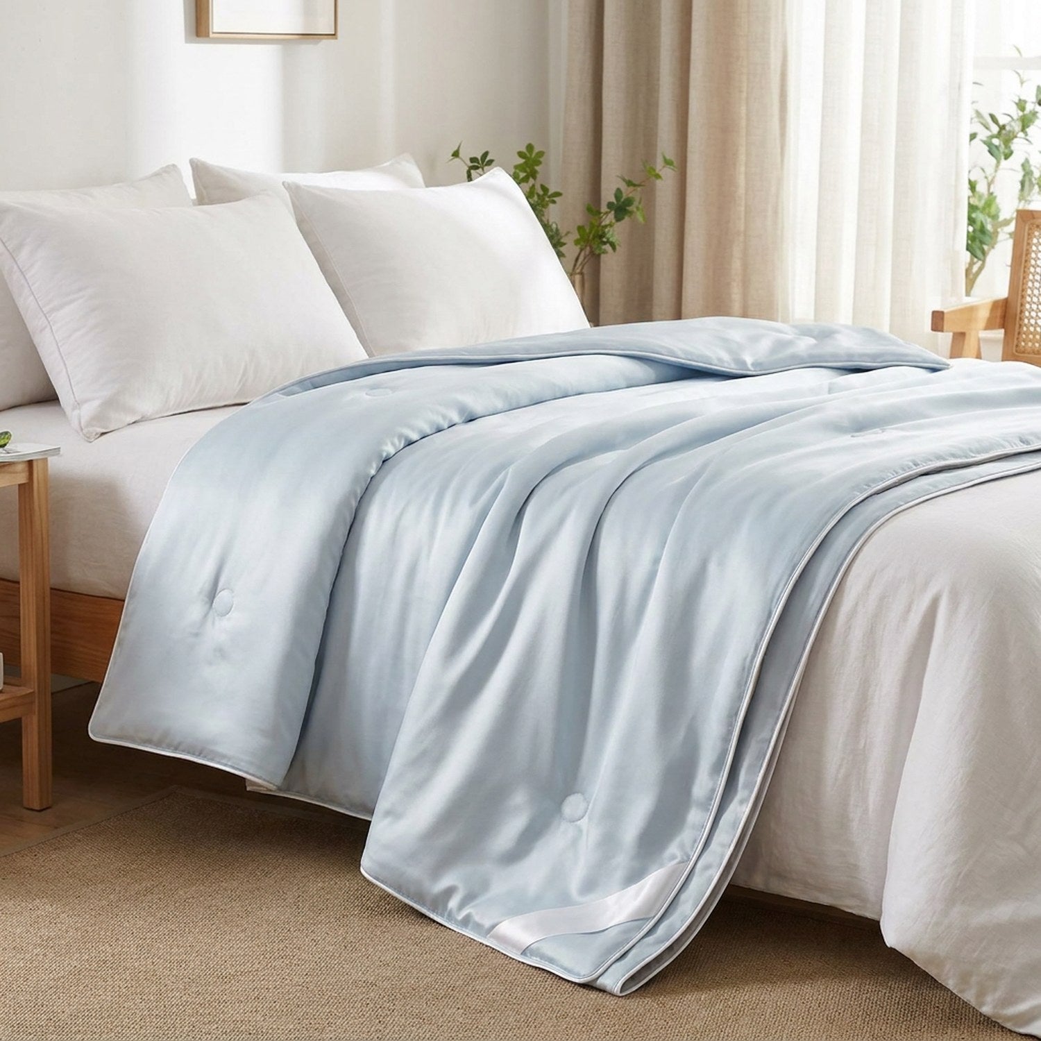 Couette d'été en soie glacée bleue posée sur un lit fait dans une chambre lumineuse