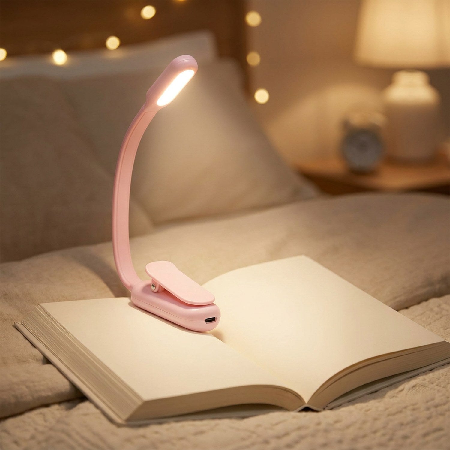 Lampe de lecture à clipser LED rose au bras flexible fixée sur un livre ouvert dans une ambiance cosy