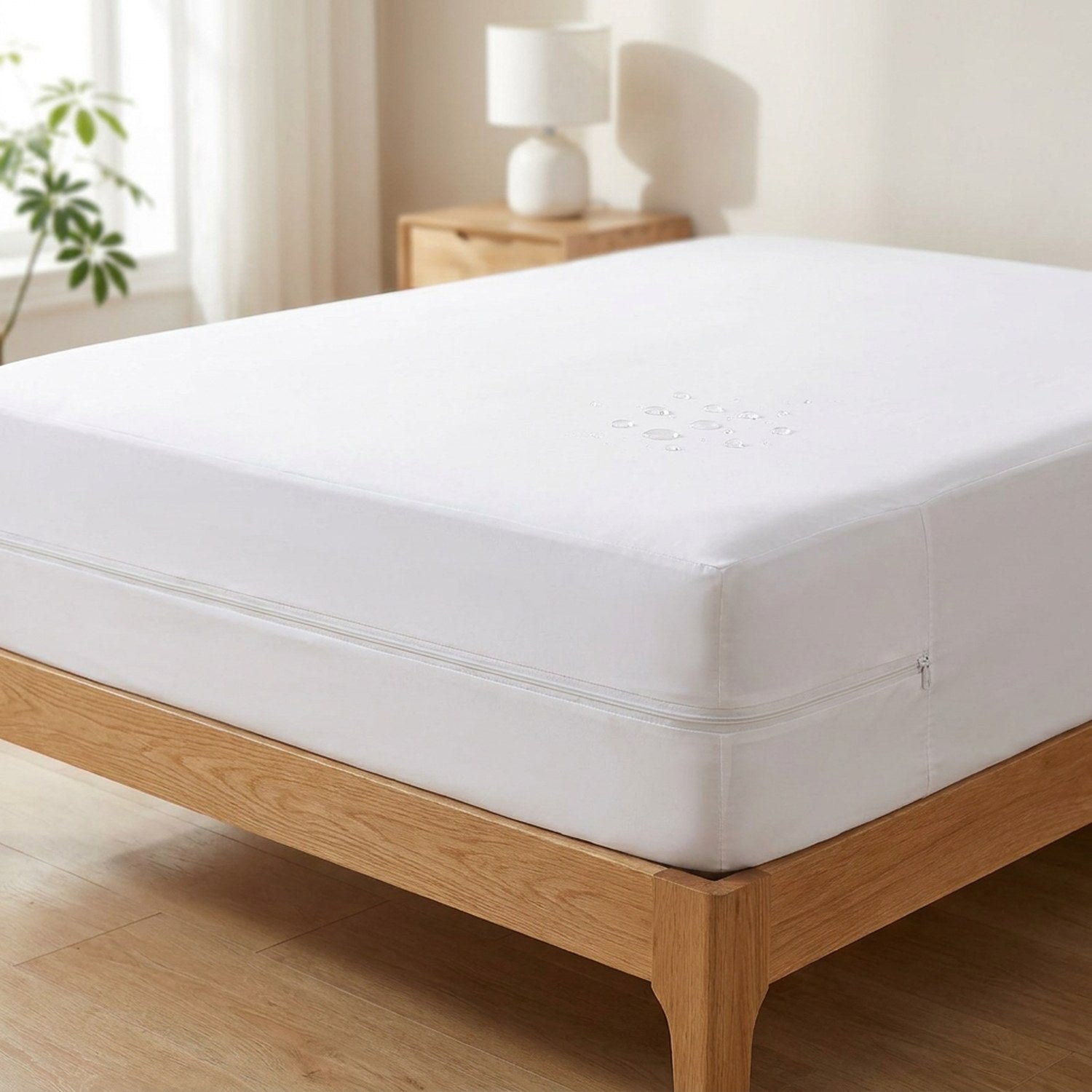 Protège-matelas imperméable blanc installé sur un lit dans une chambre lumineuse