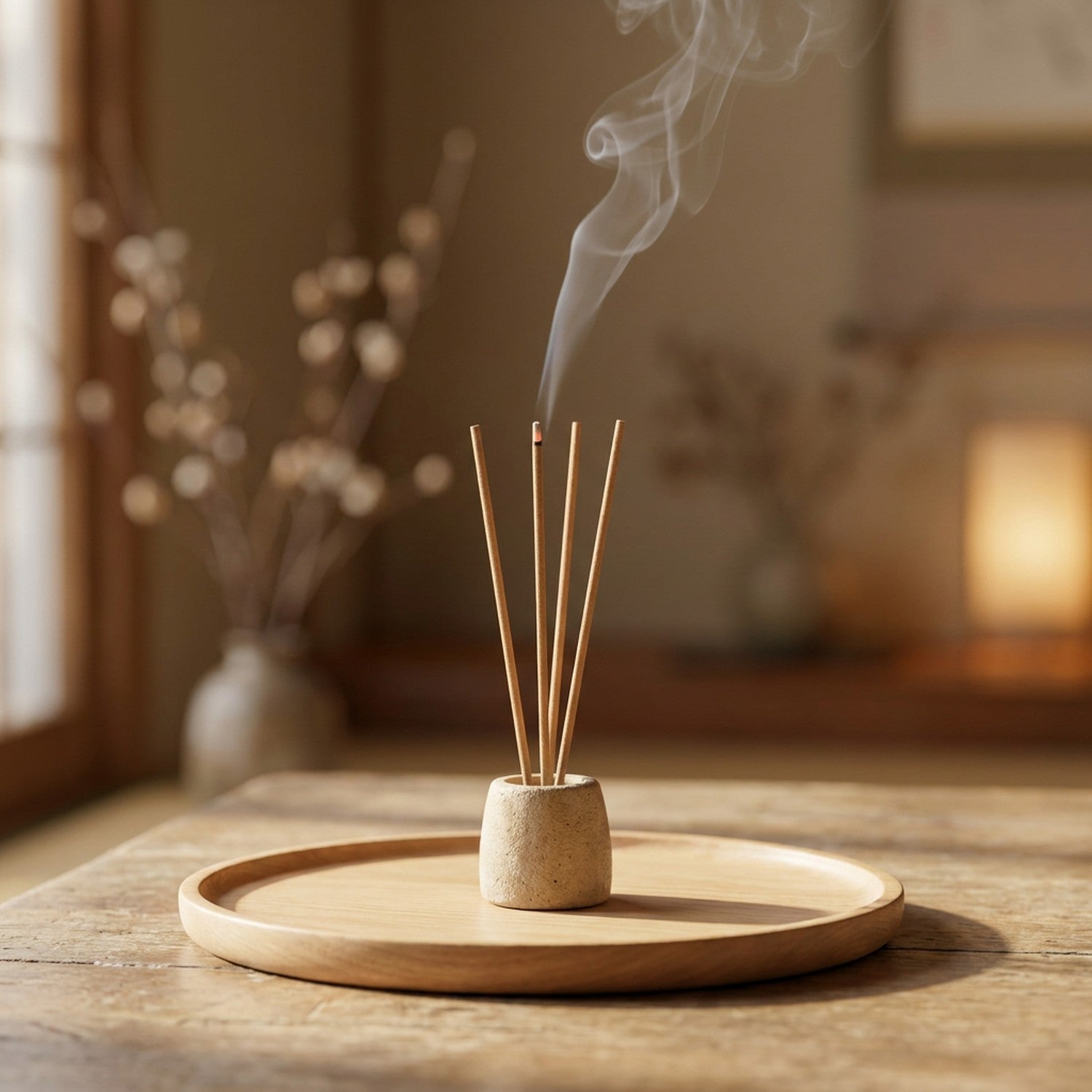 Bâtons d'encens japonais allumés dans un porte-encens en céramique sur un plateau en bois