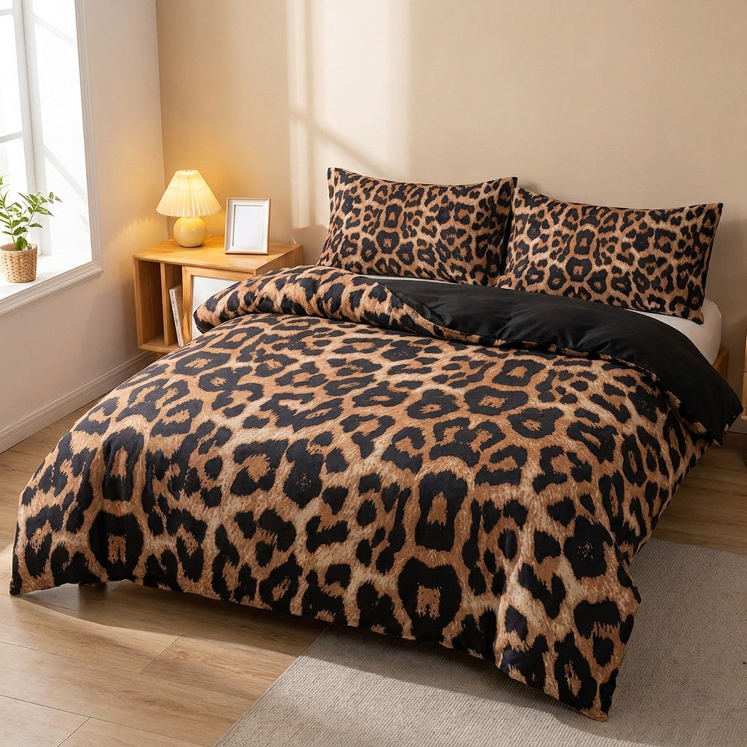 Parure de lit imprimée léopard marron posée sur un lit dans une chambre chaleureuse
