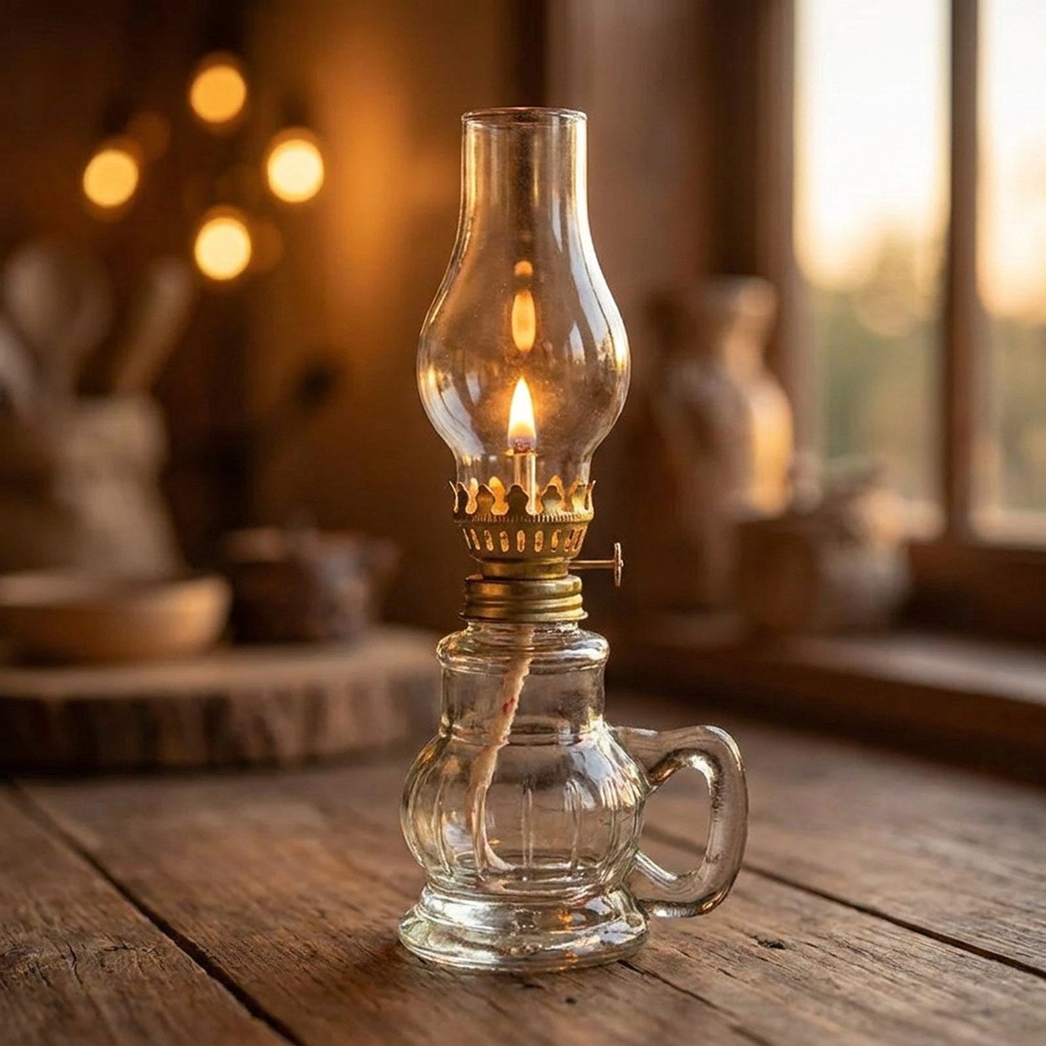 Lampe à pétrole rétro en verre allumée sur une table en bois près d'une fenêtre