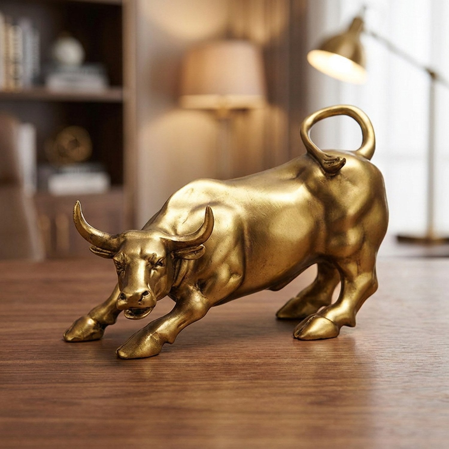 Statue taureau de Wall Street dorée en résine posée sur un bureau en bois