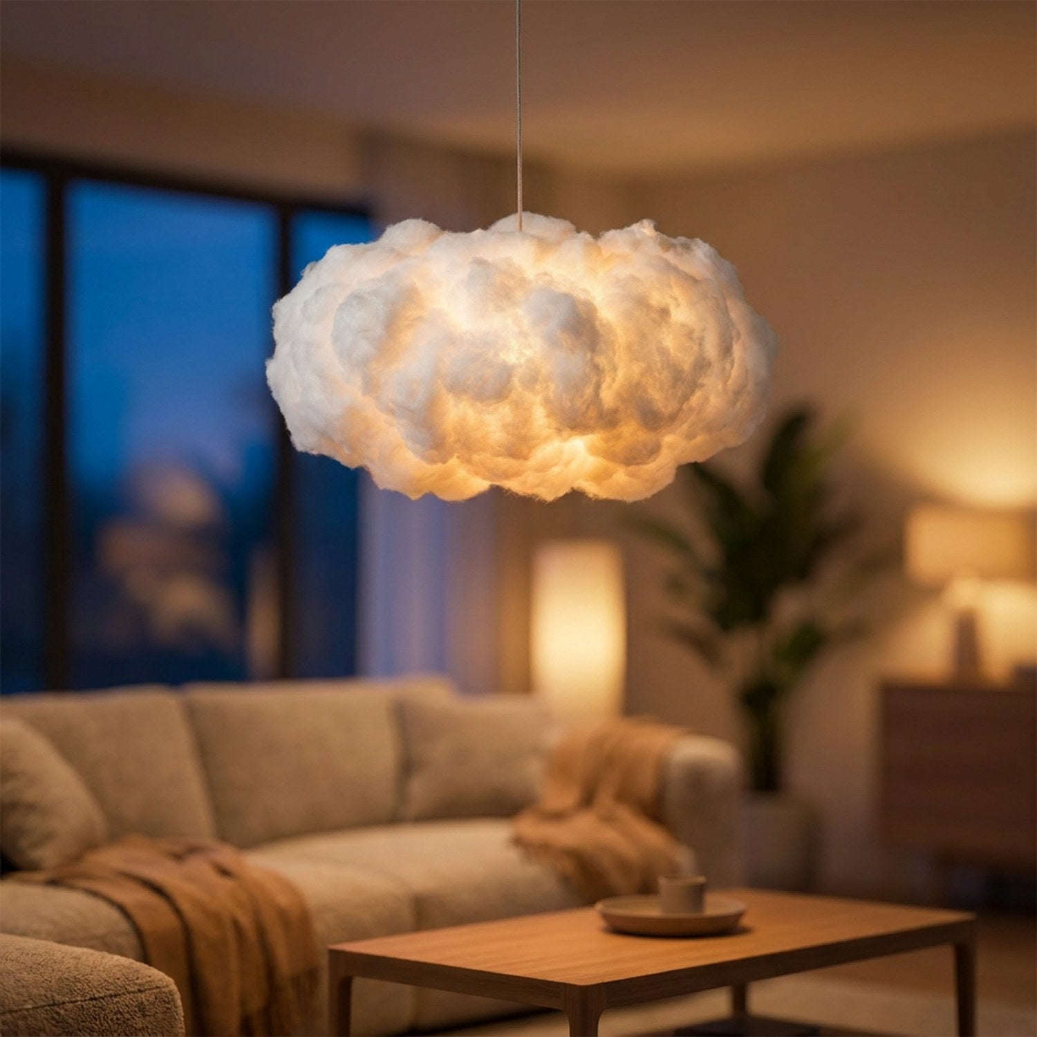 Suspension nuage LED blanche allumée au-dessus d'un canapé dans un salon moderne