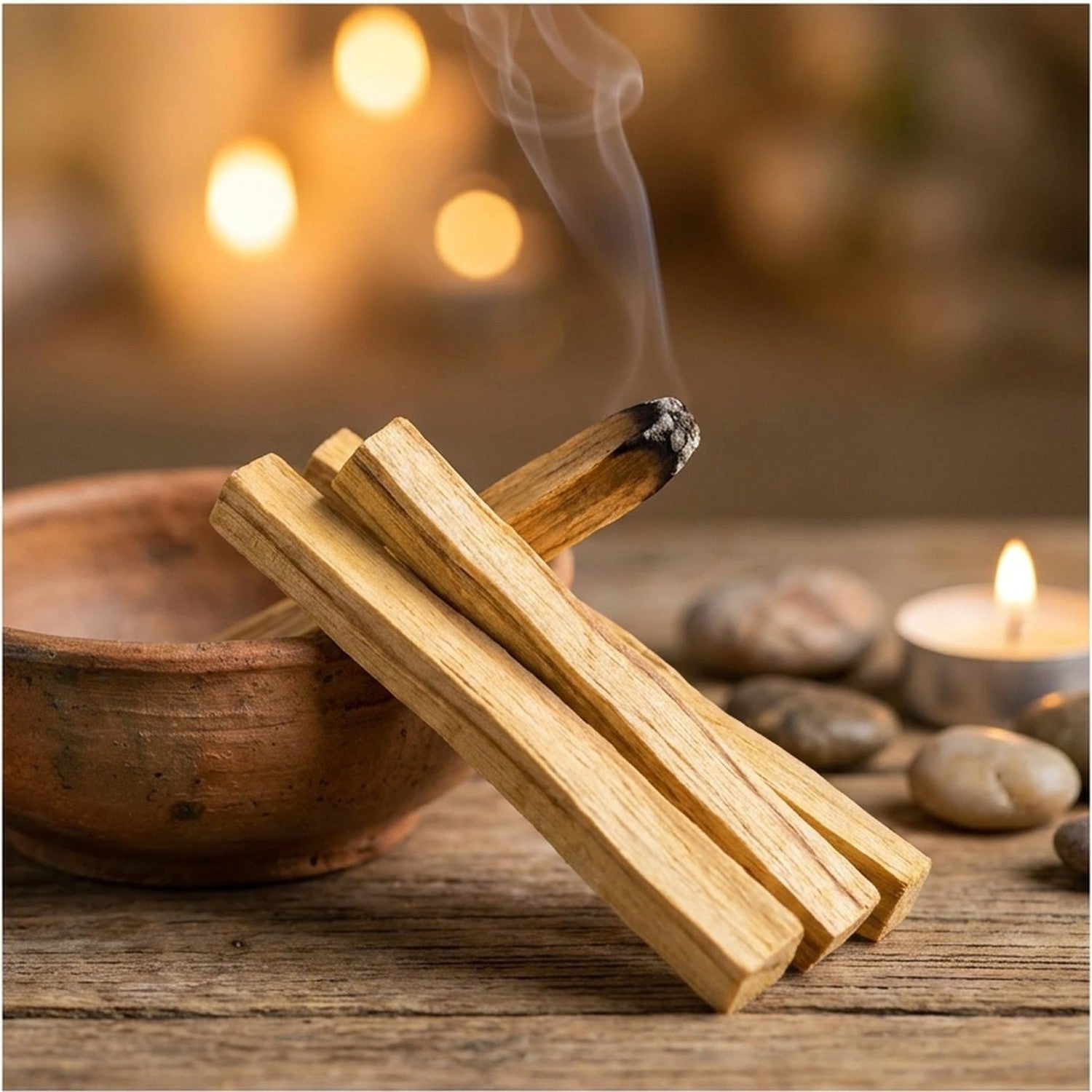 Bâtons d'encens Palo Santo allumés dans un bol en argile sur surface en bois avec pierres et bougie