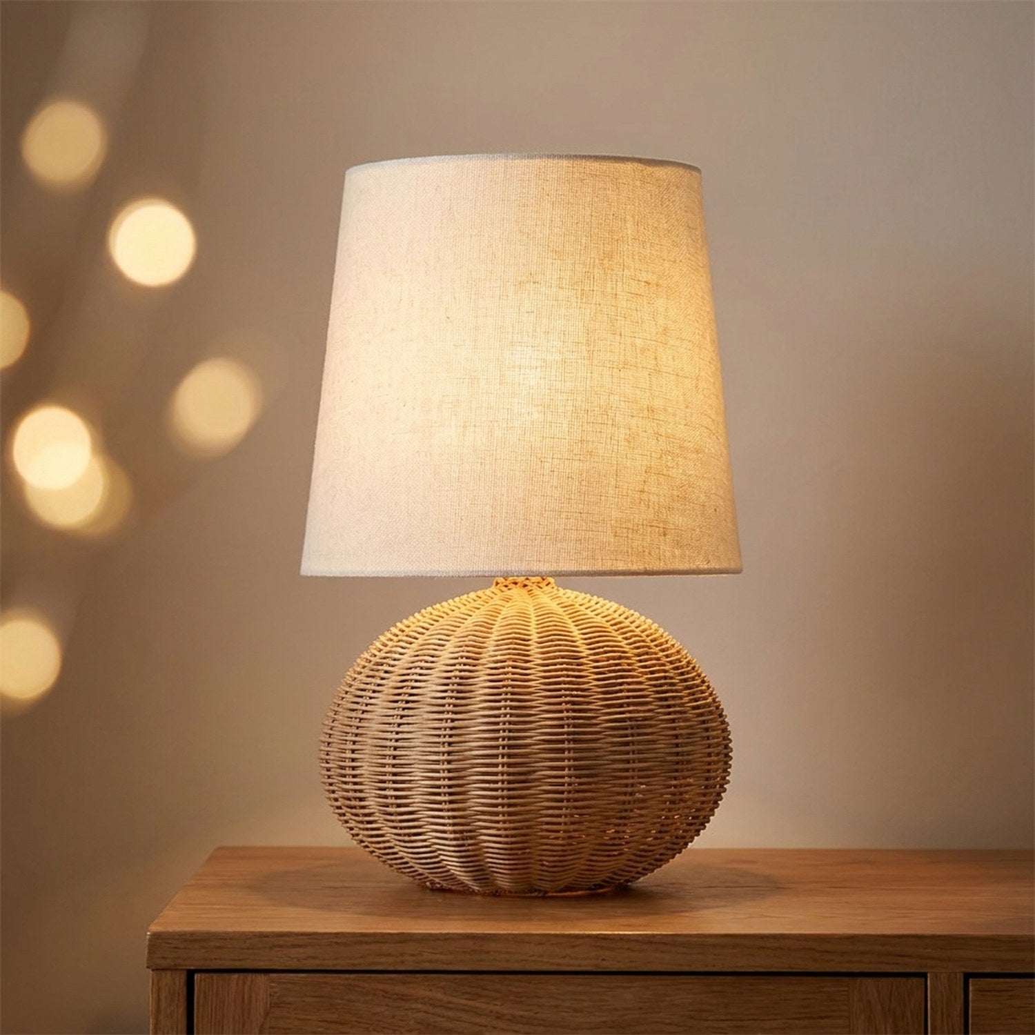 Lampe à poser en rotin tressé forme ronde avec abat-jour beige allumée