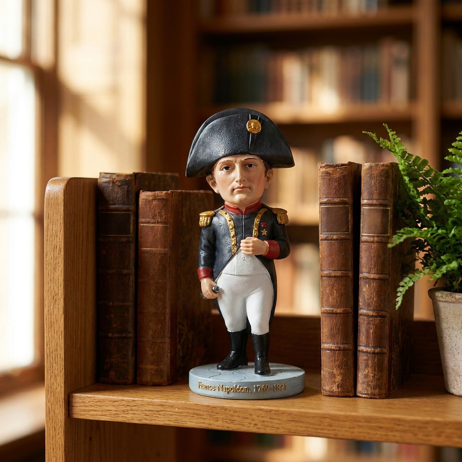 Statue de Napoléon Bonaparte en résine artisanale posée sur une étagère bois entre des livres