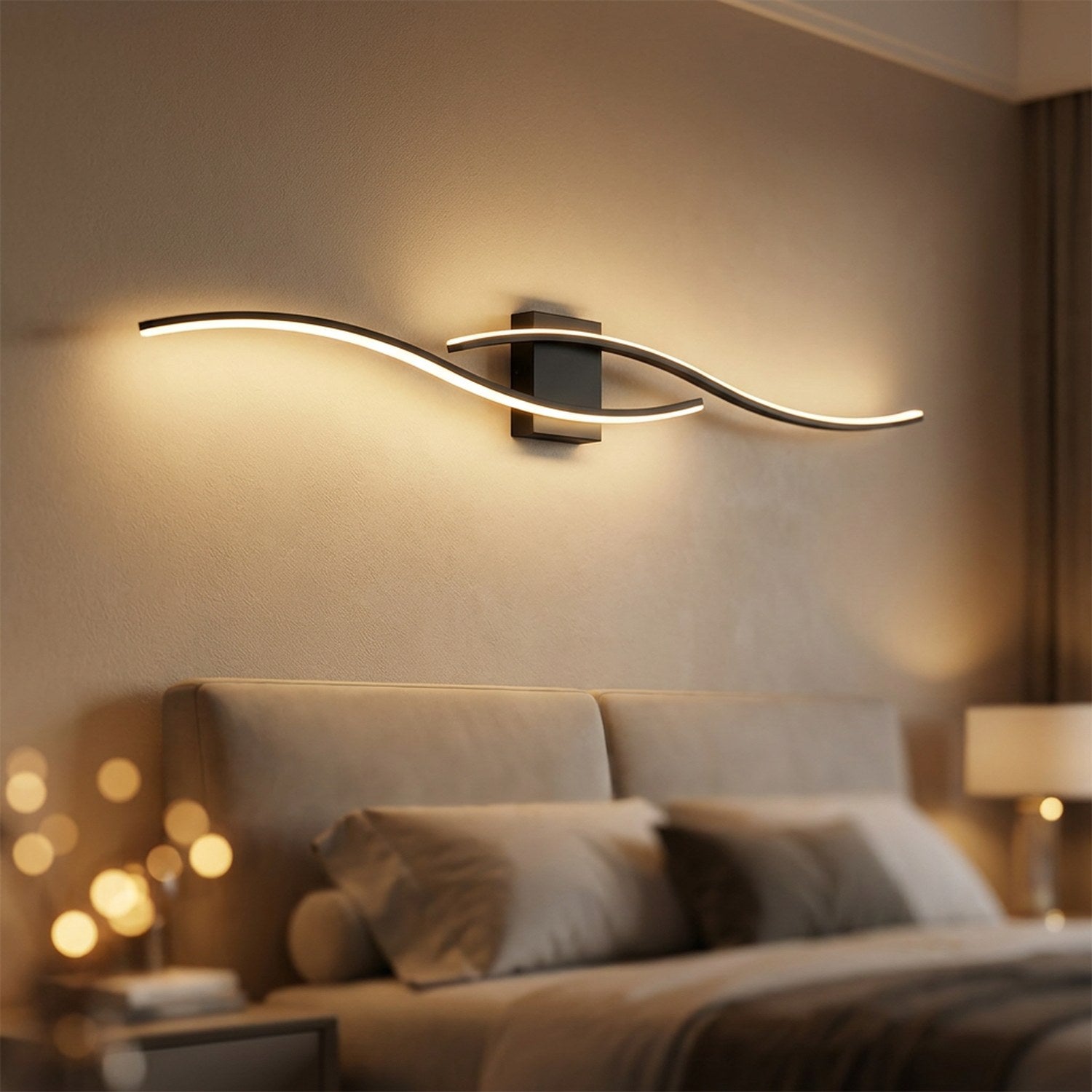 Applique murale noire et dorée au design double courbe ondulée avec lumière LED chaude allumée dans une chambre cocooning