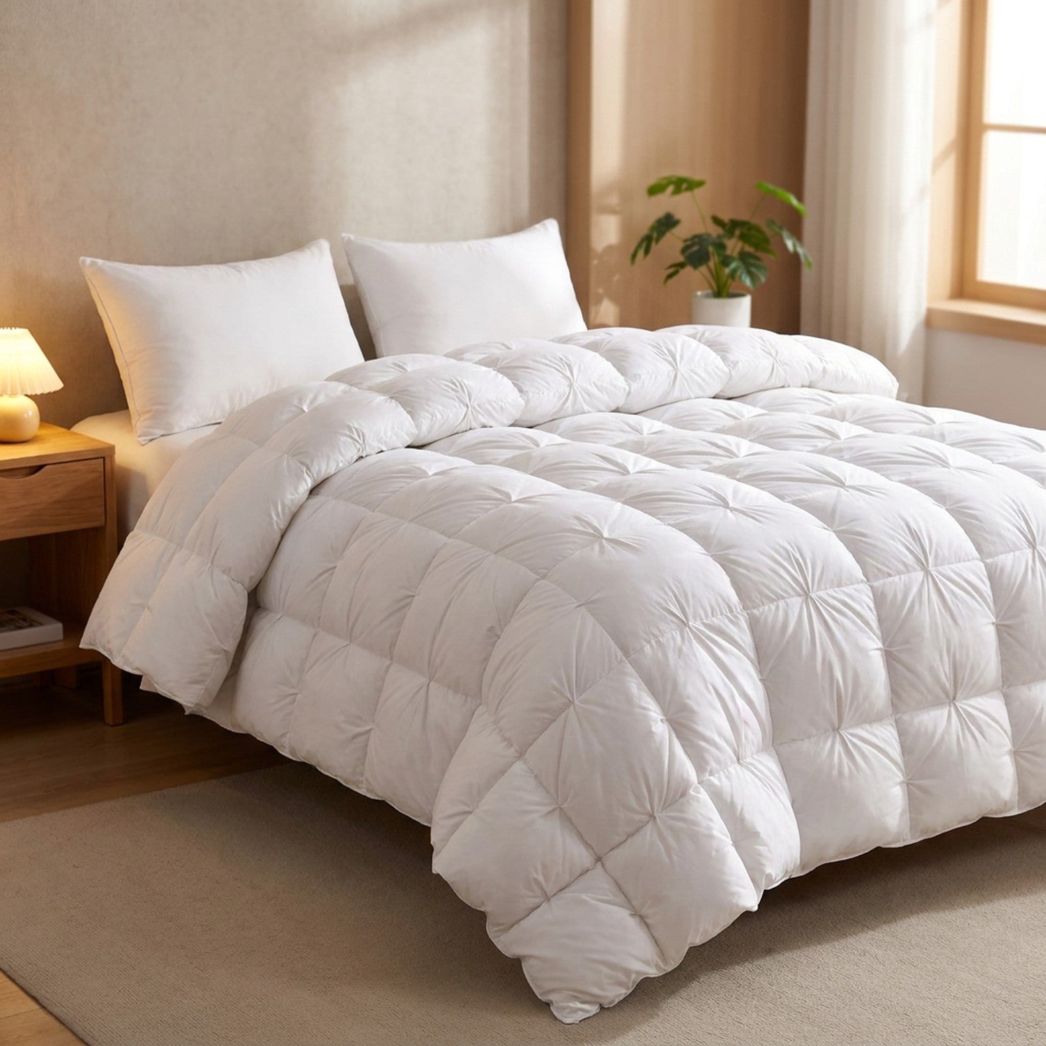 Couette en duvet d'oie blanche matelassée posée sur un lit dans une chambre chaleureuse